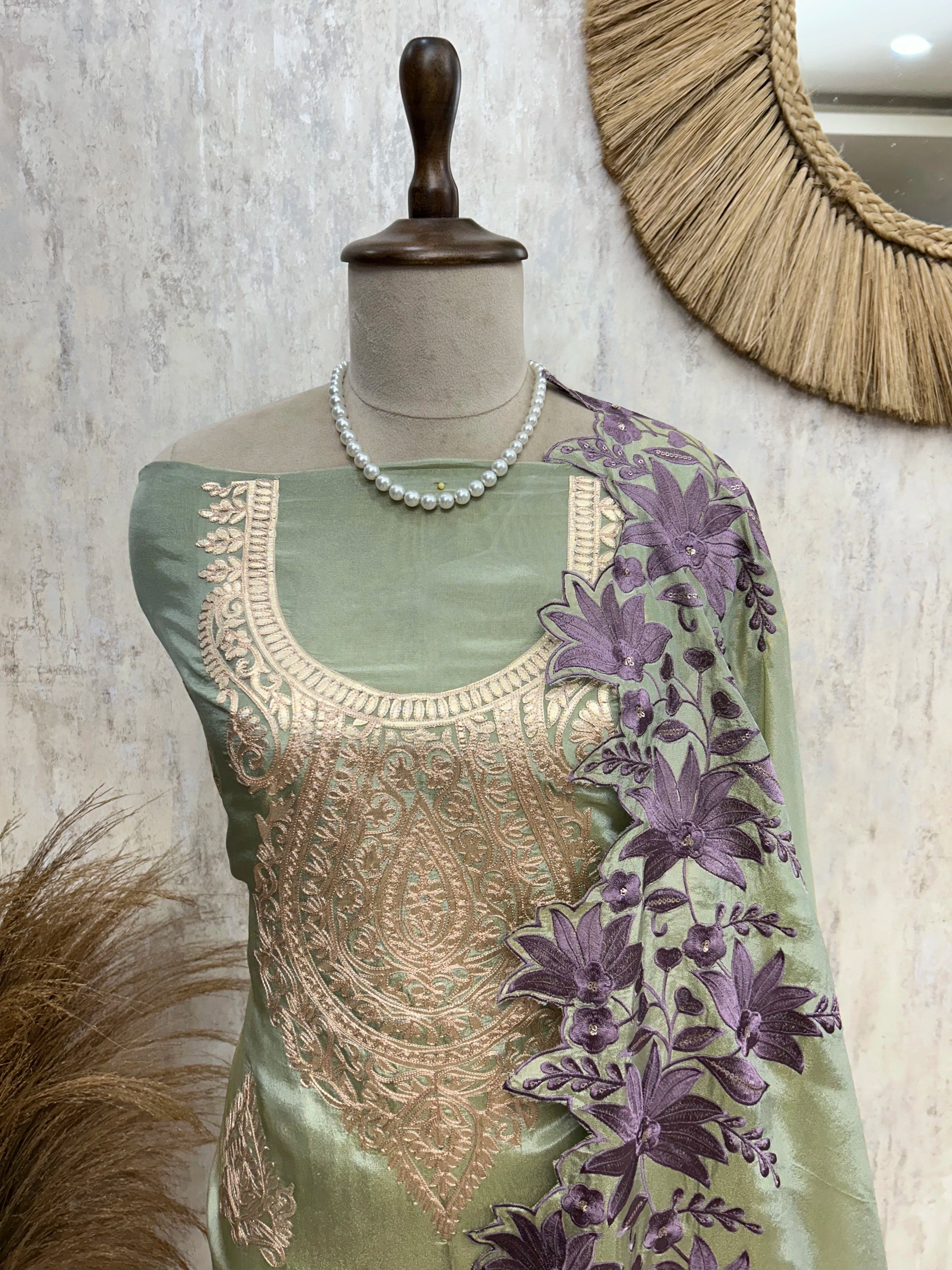 Tissue Unstitched Suit Set With Tissue Dupatta