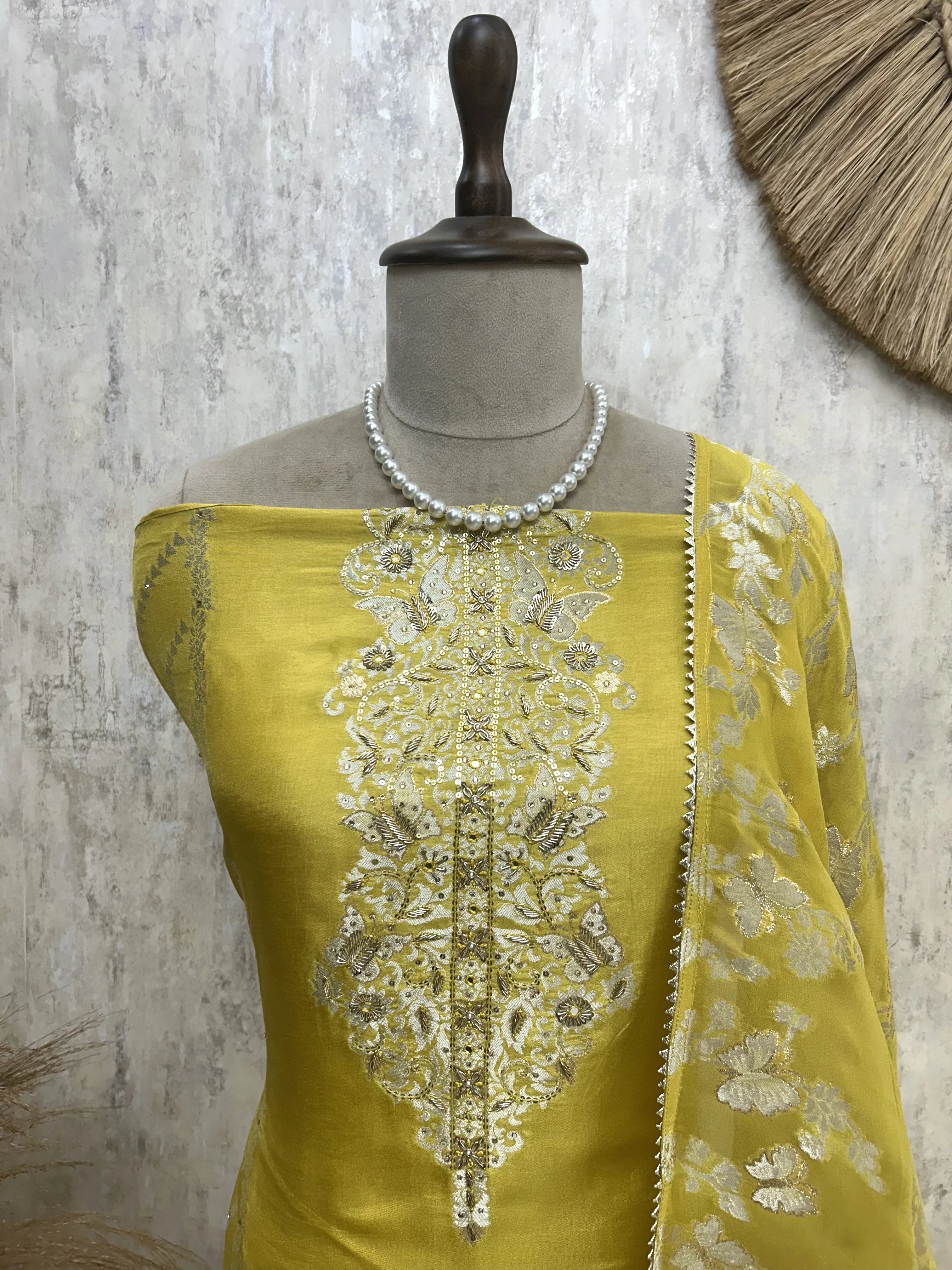 Tissue Unstitched Suit Set With Butterfly Motifs