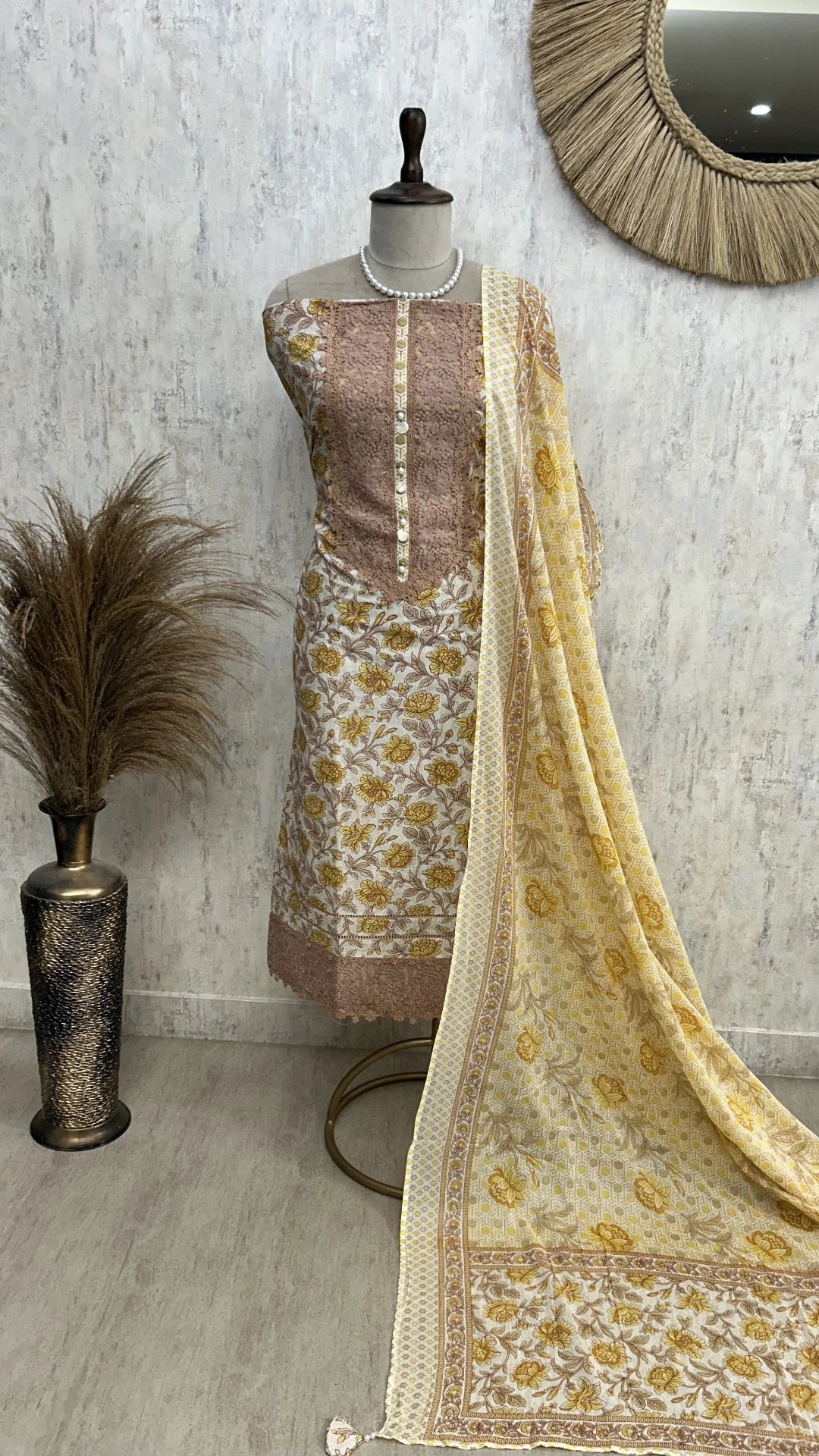 Cotton Unstitched Suit Set With Lace & Print Work