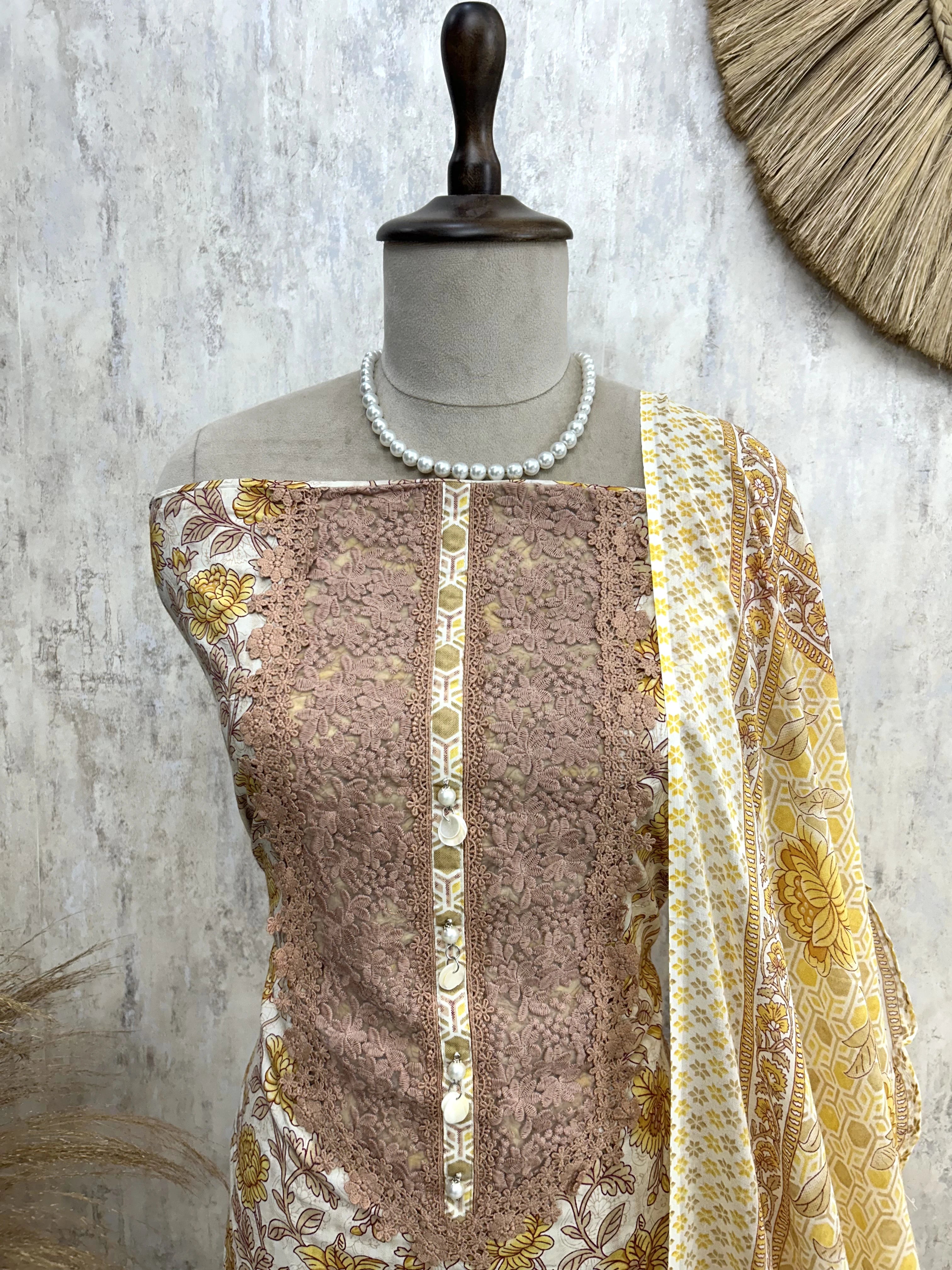 Cotton Unstitched Suit Set With Lace & Print Work