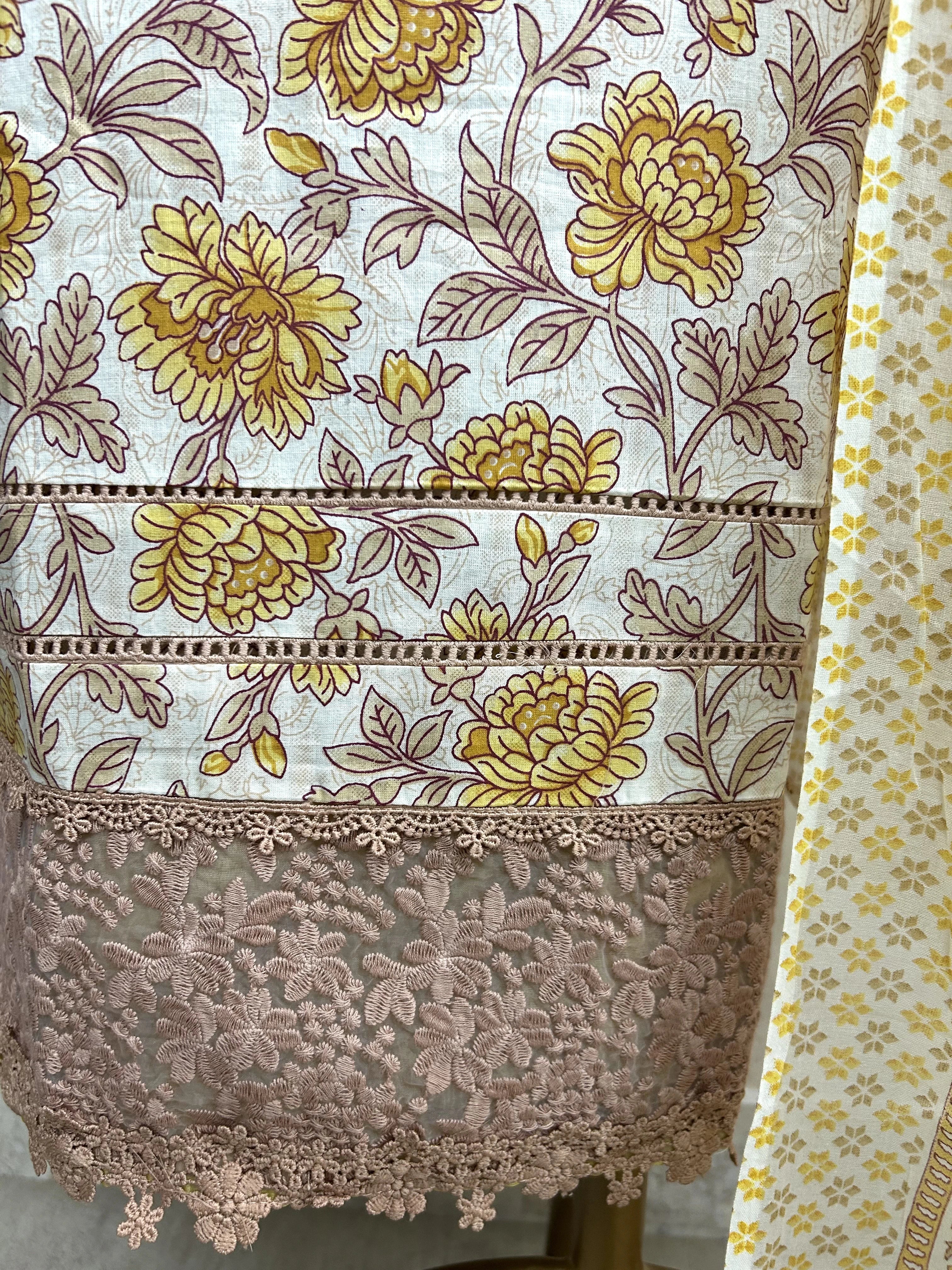 Cotton Unstitched Suit Set With Lace & Print Work