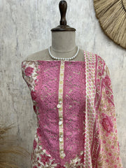 Cotton Unstitched Suit Set With Lace & Print Work