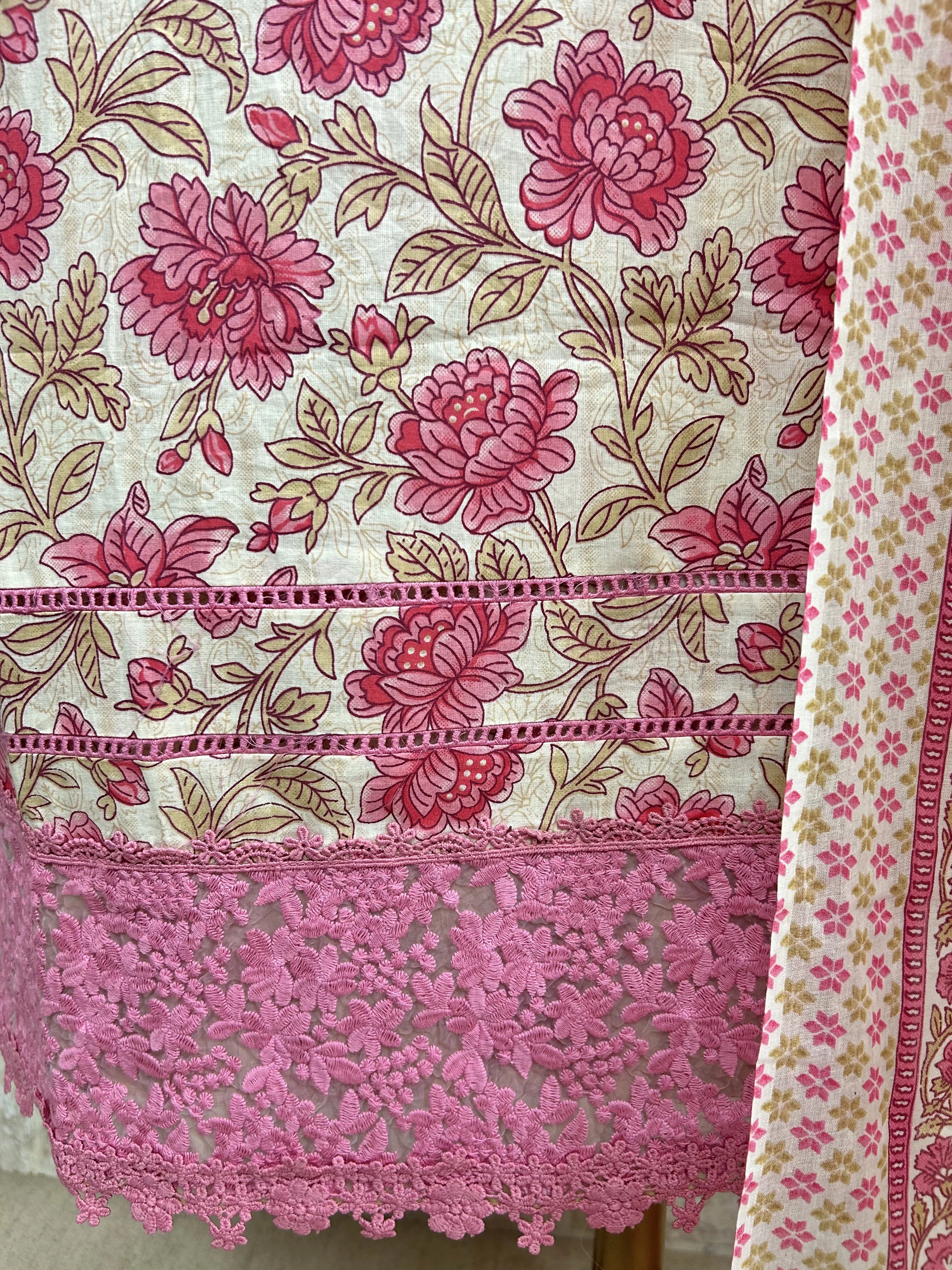 Cotton Unstitched Suit Set With Lace & Print Work