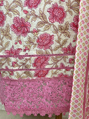Cotton Unstitched Suit Set With Lace & Print Work
