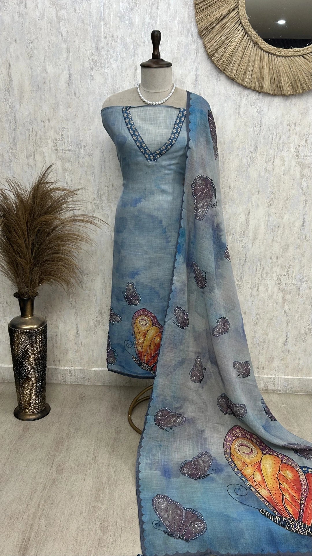 Butterfly Motif Jamdani Linen Unstitched Suit Set