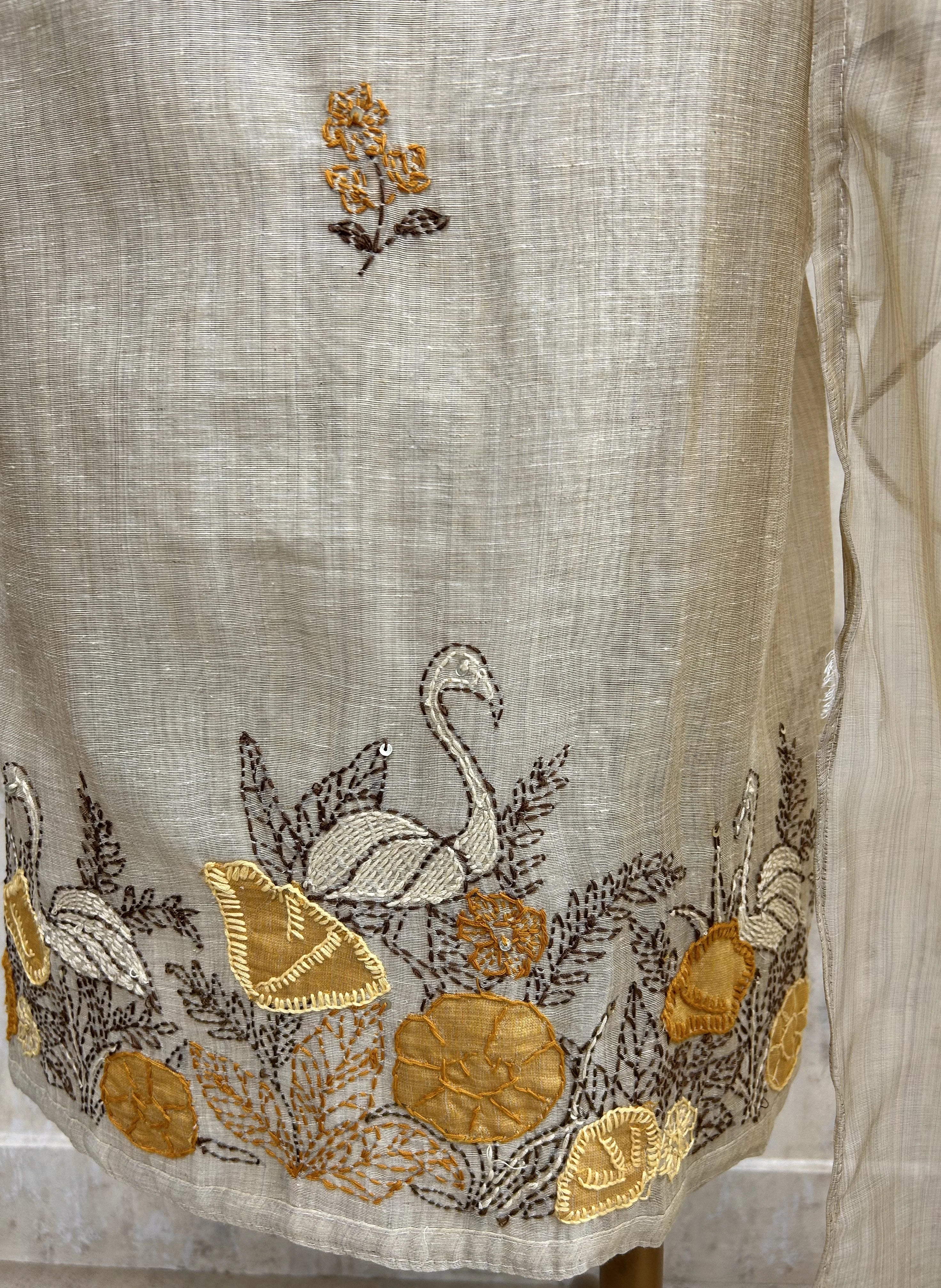 Hem Thread Work Jamdani Linen Unstitched Suit Set