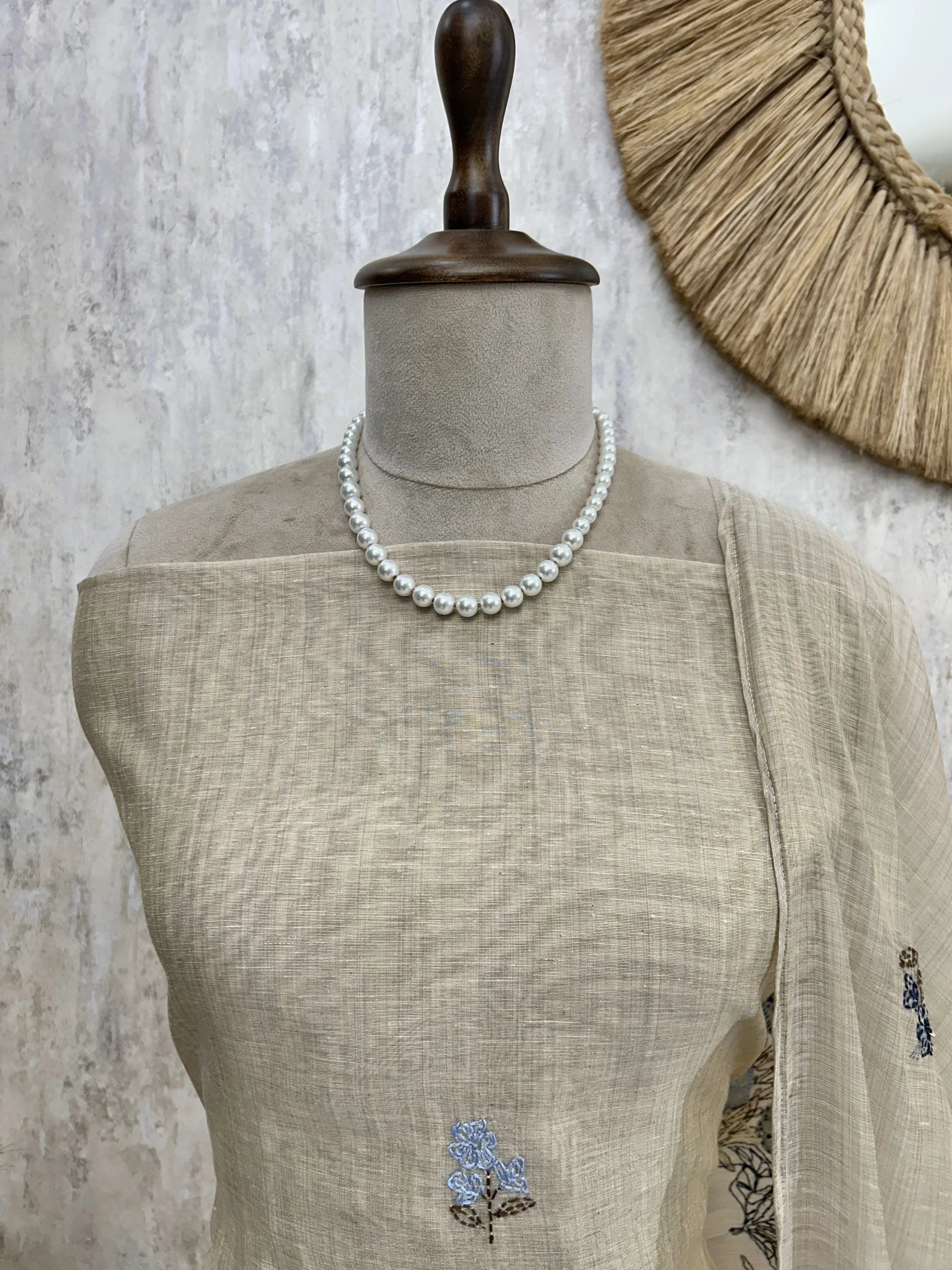 Hem Thread Work Jamdani Linen Unstitched Suit Set