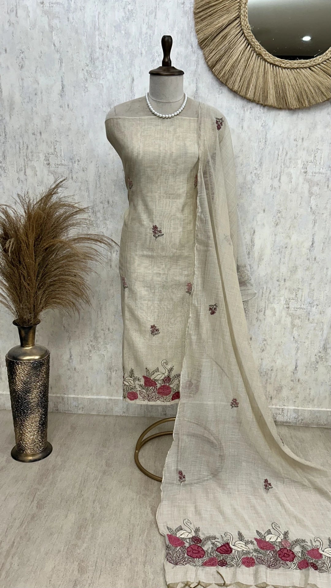 Hem Thread Work Jamdani Linen Unstitched Suit Set