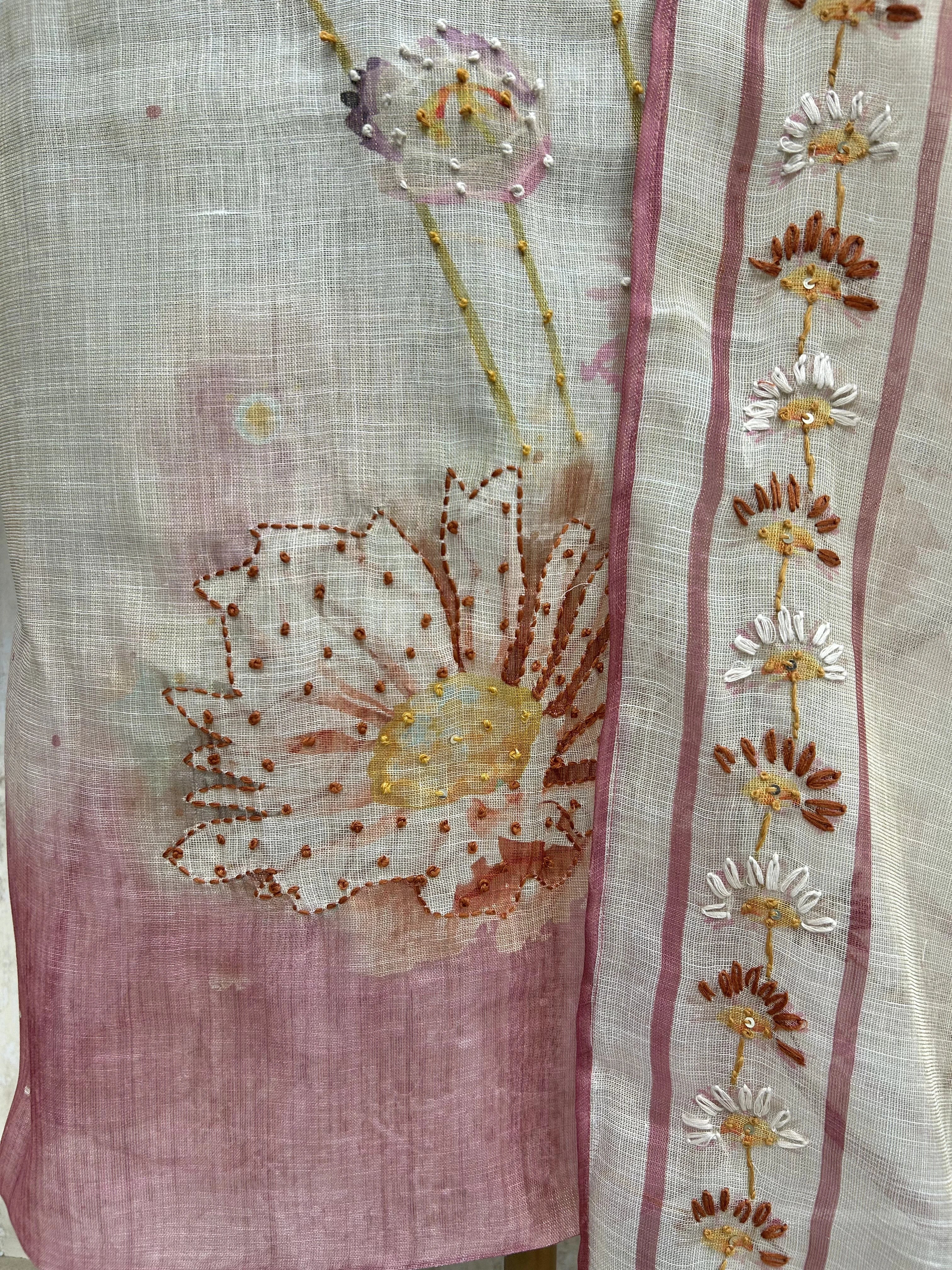 Jamdani Linen Unstitched Suit Set With Kantha on Flowers Pattern