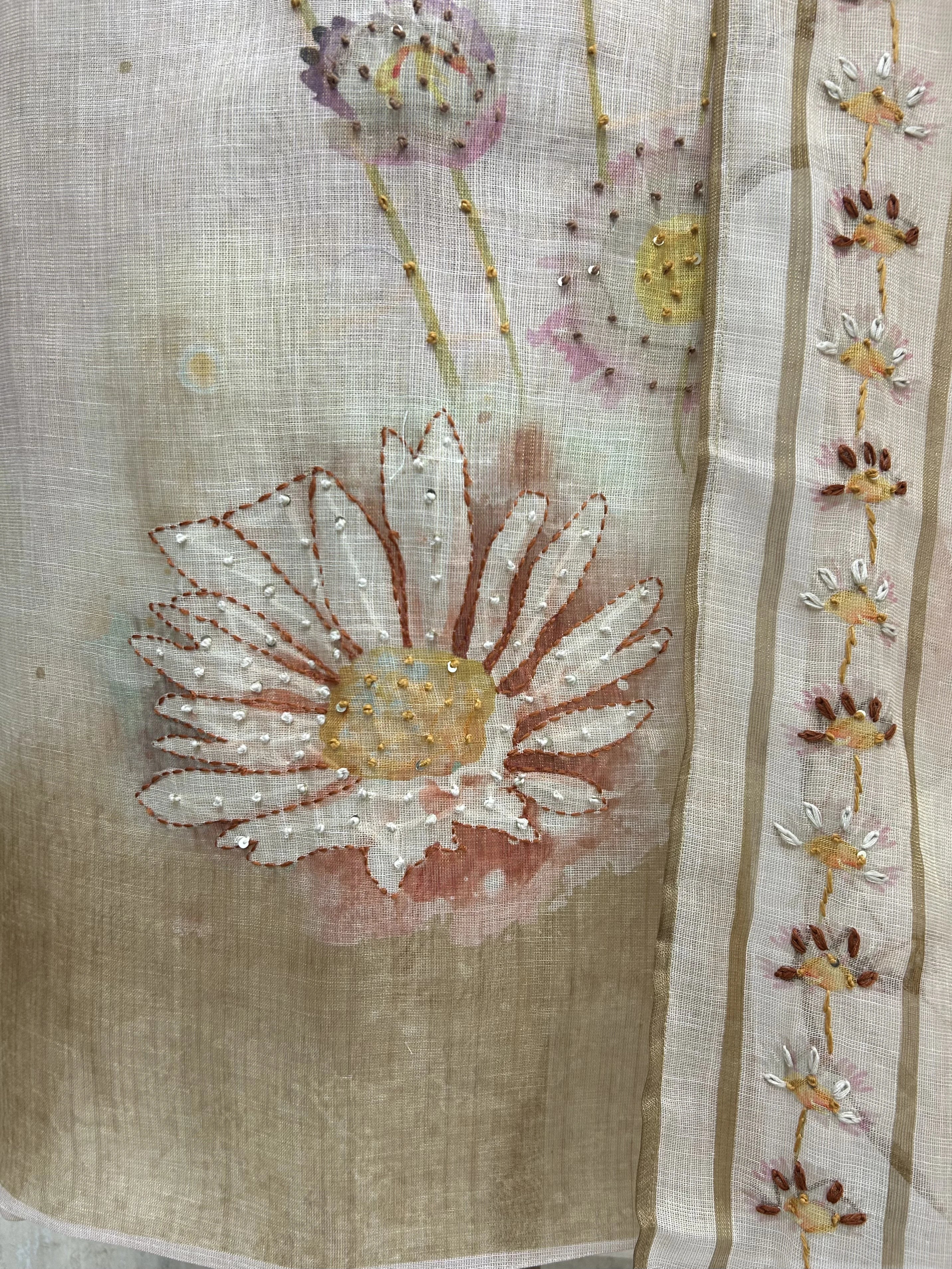 Jamdani Linen Unstitched Suit Set With Kantha on Flowers Pattern