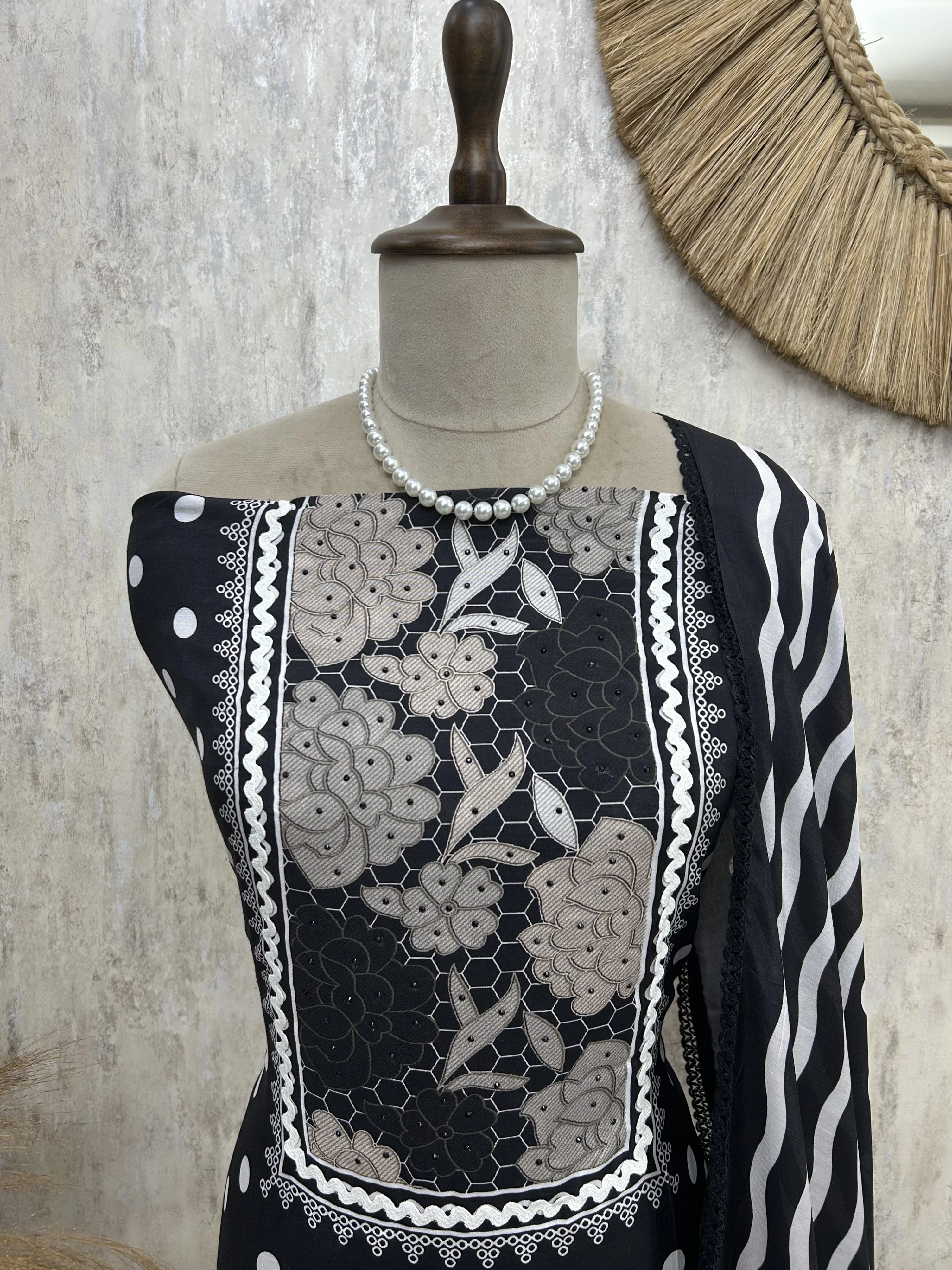 Muslin Unstitched Suit Set With Floral & Polka Print