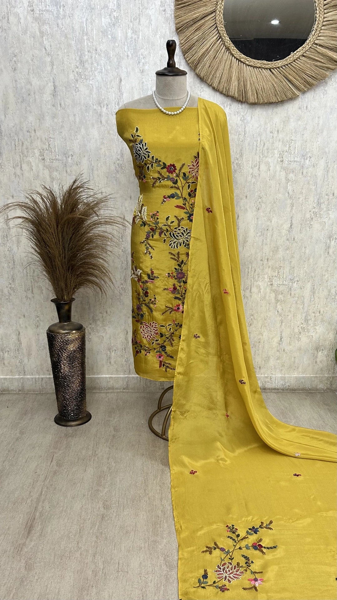 Glass Tissue Unstitched suit with Thread Embroidery