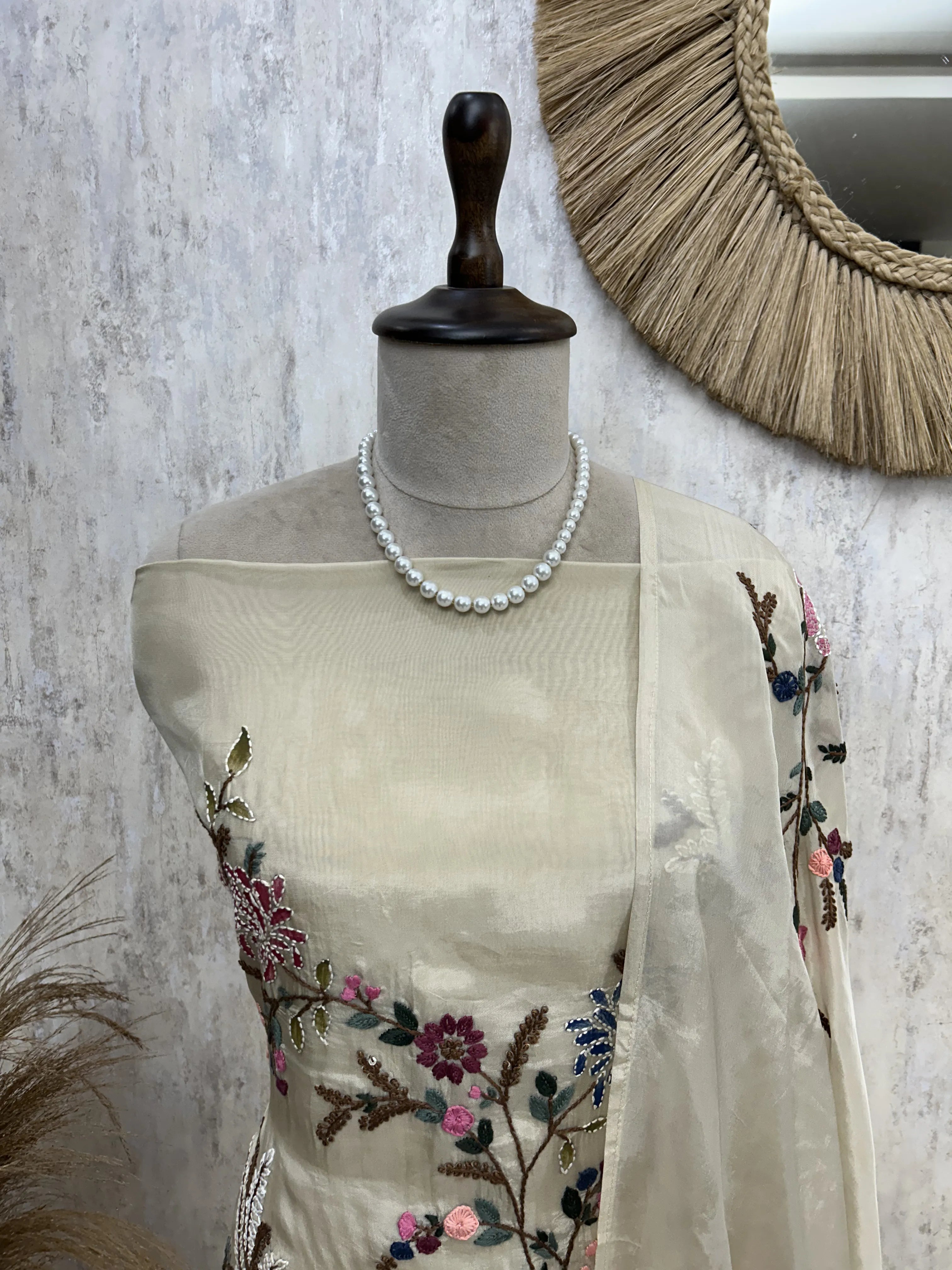 Glass Tissue Unstitched suit with Thread Embroidery