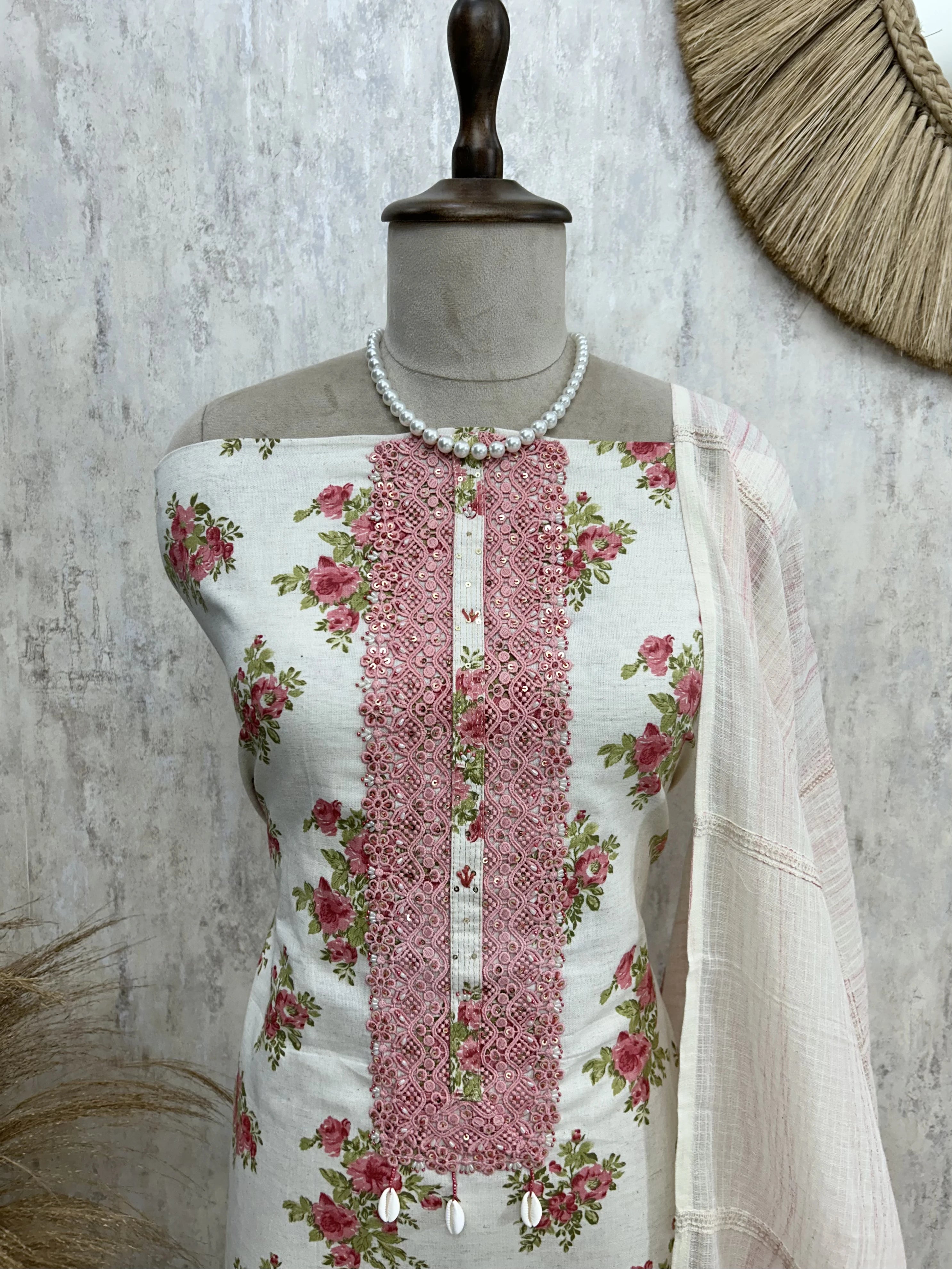Linen Unstitched Suit Set With Lace Work