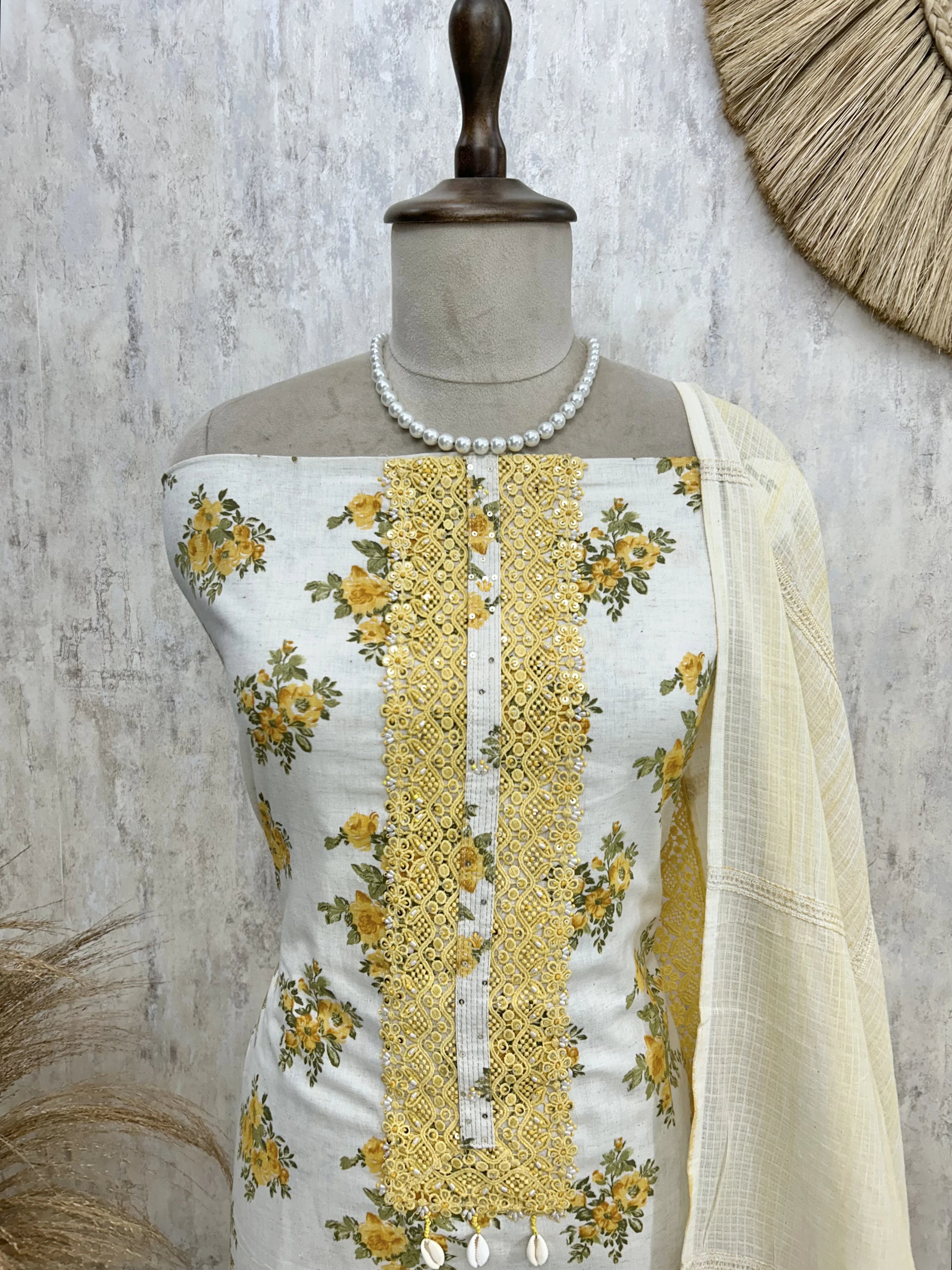 Linen Unstitched Suit Set With Lace Work