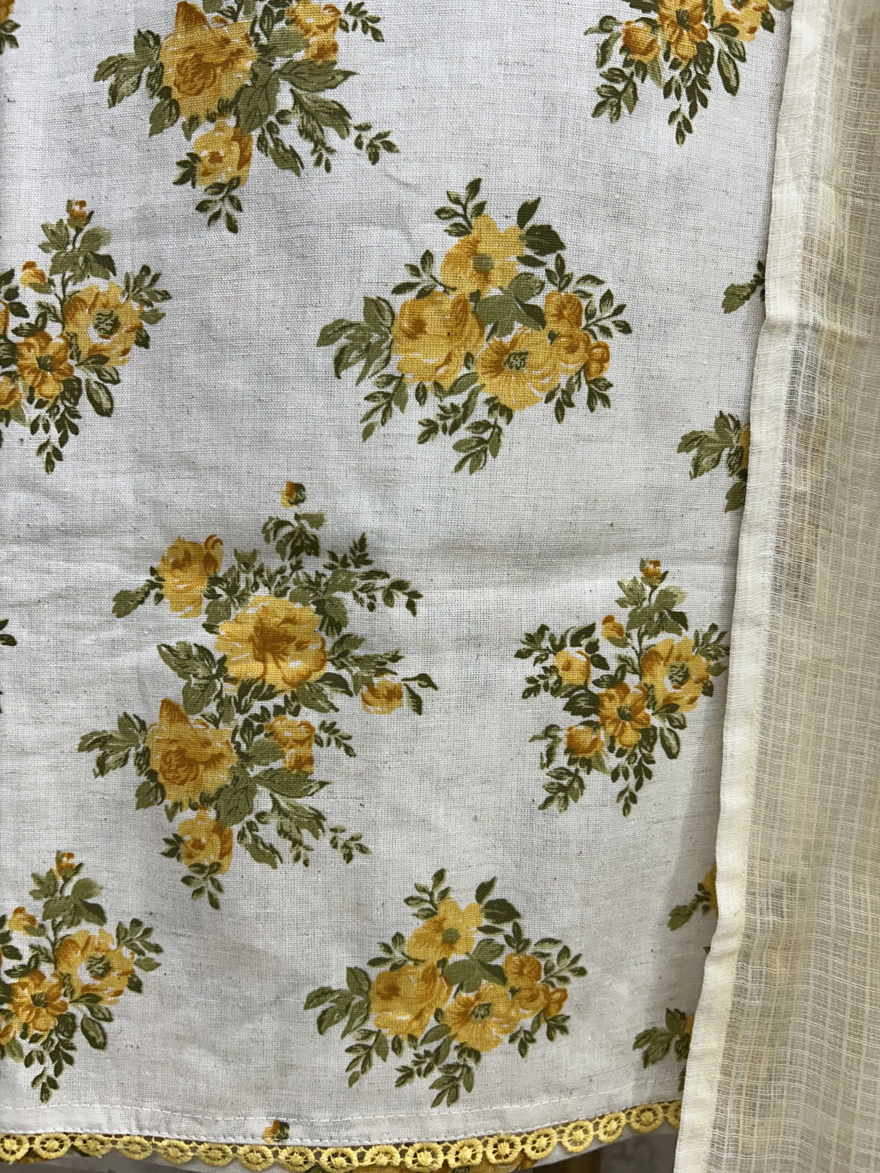 Linen Unstitched Suit Set With Lace Work