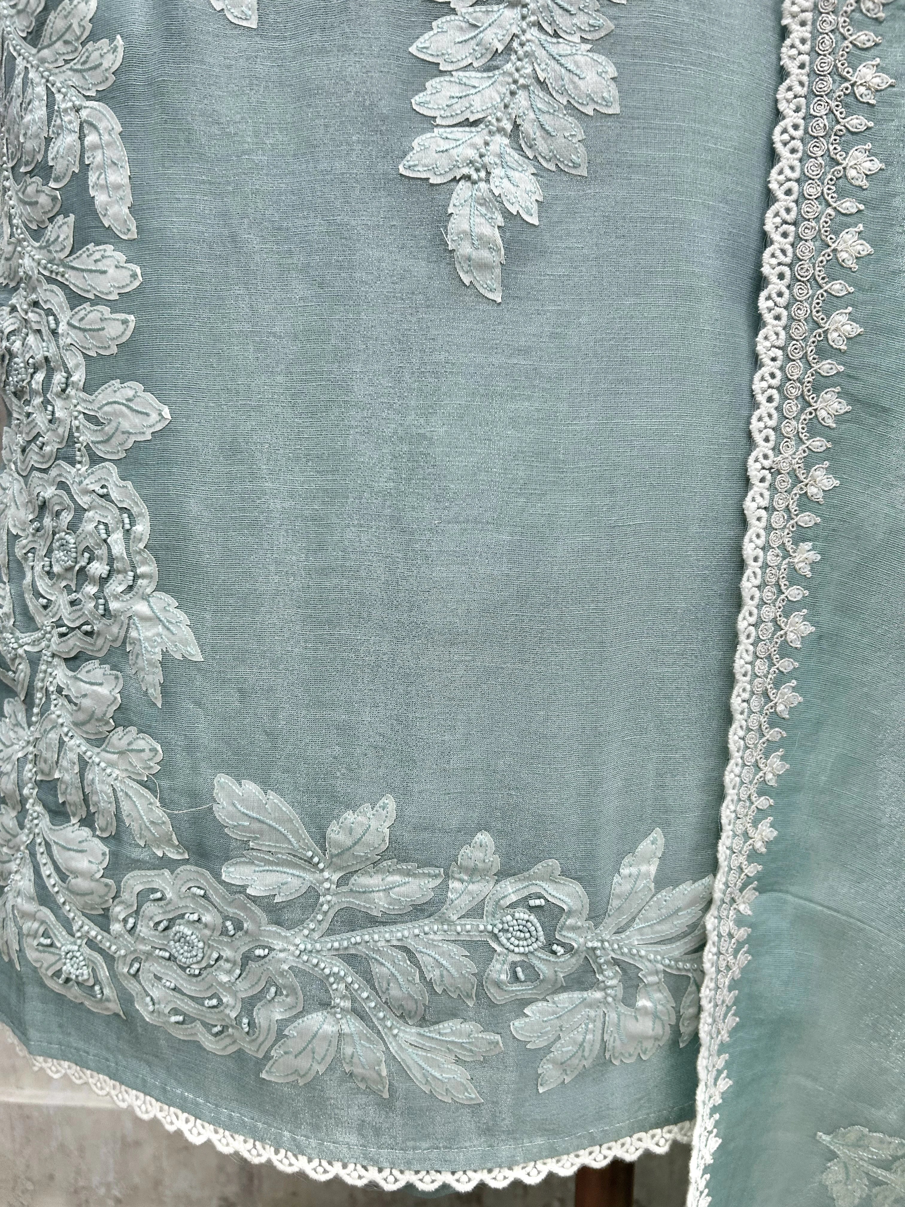 Tissue Linen Unstitched Suit Set With Applique Work