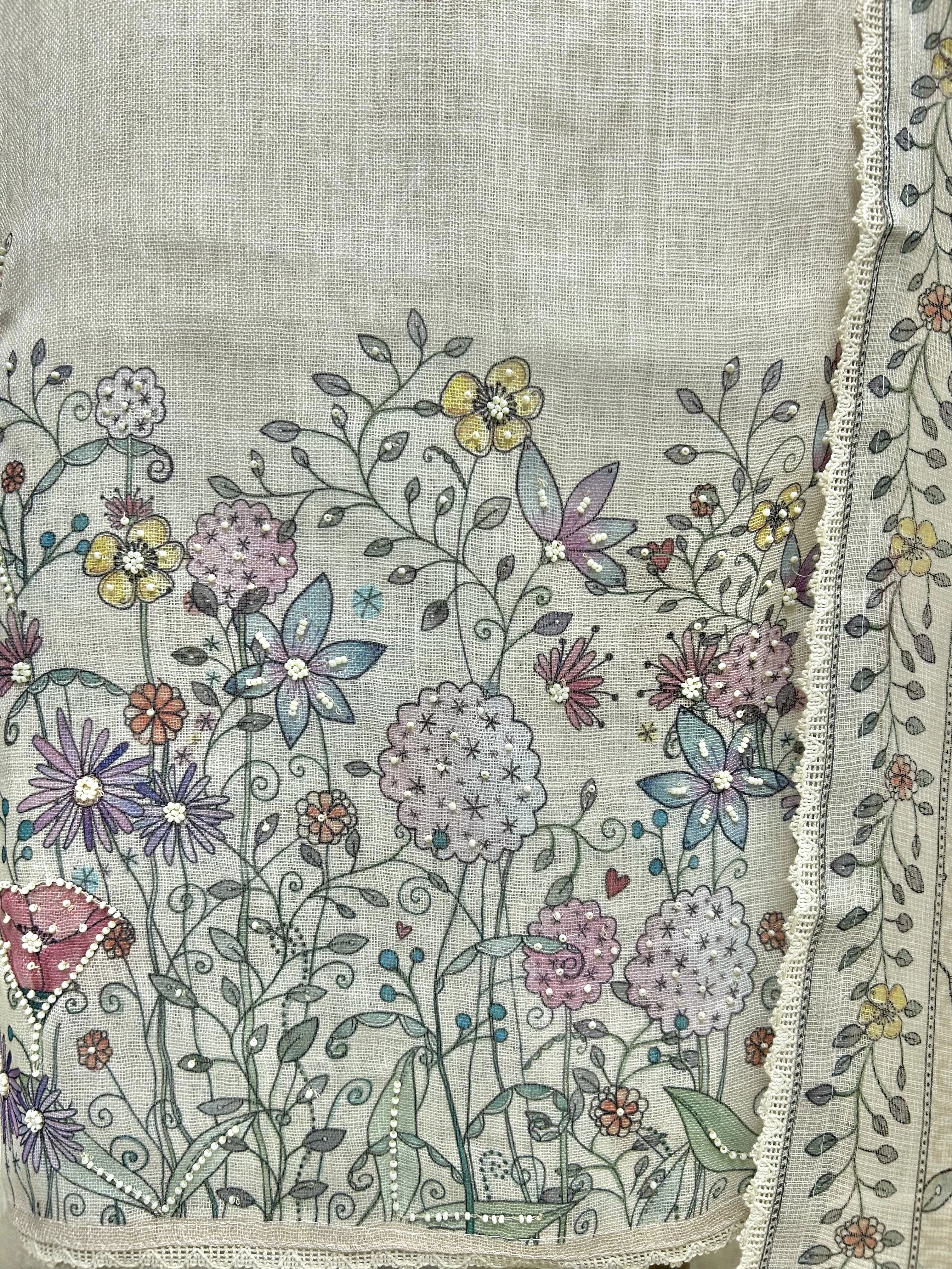 Jamdani Linen Unstitched Suit Set With Hand Work