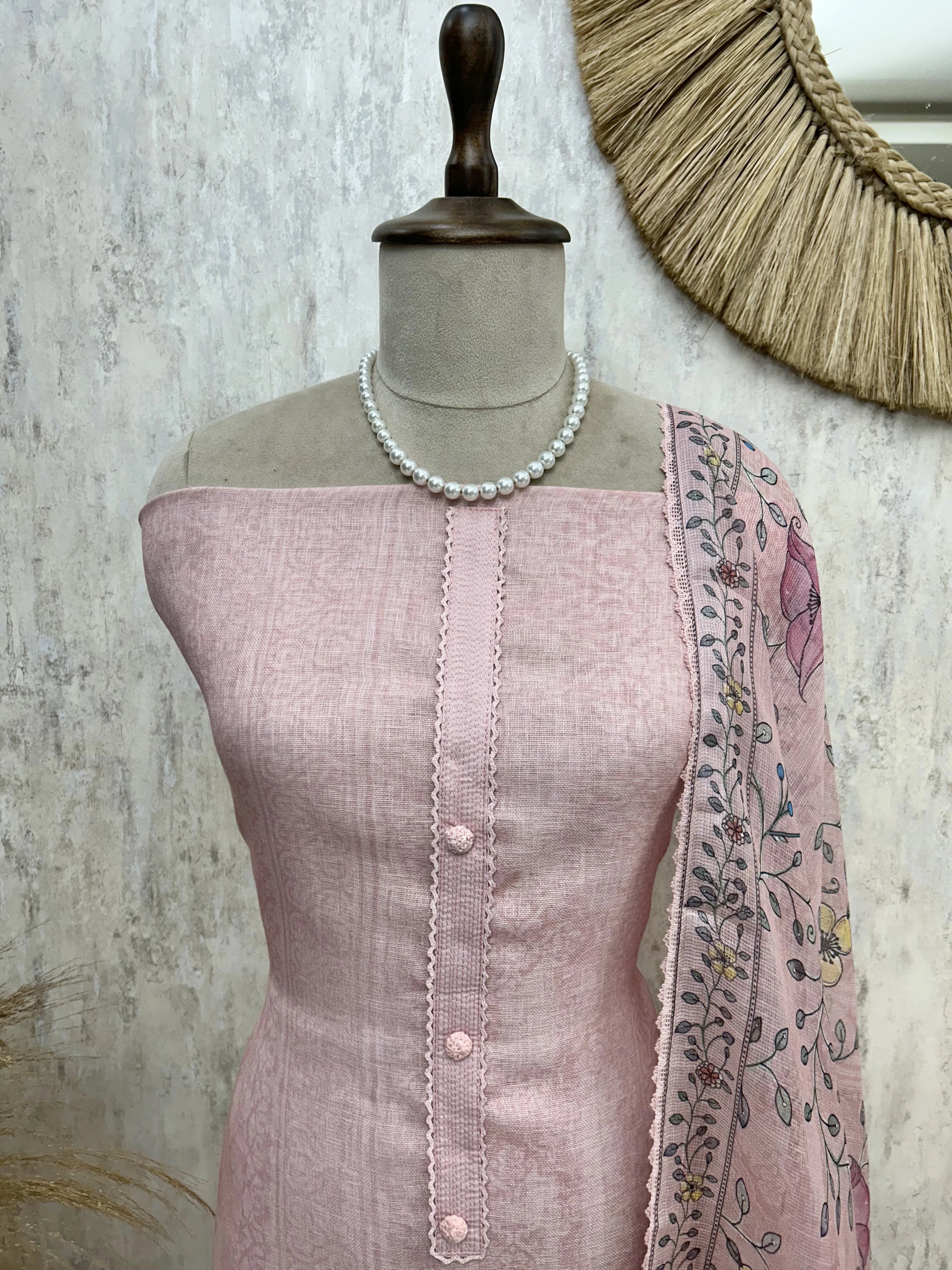 Jamdani Linen Unstitched Suit Set With Hand Work