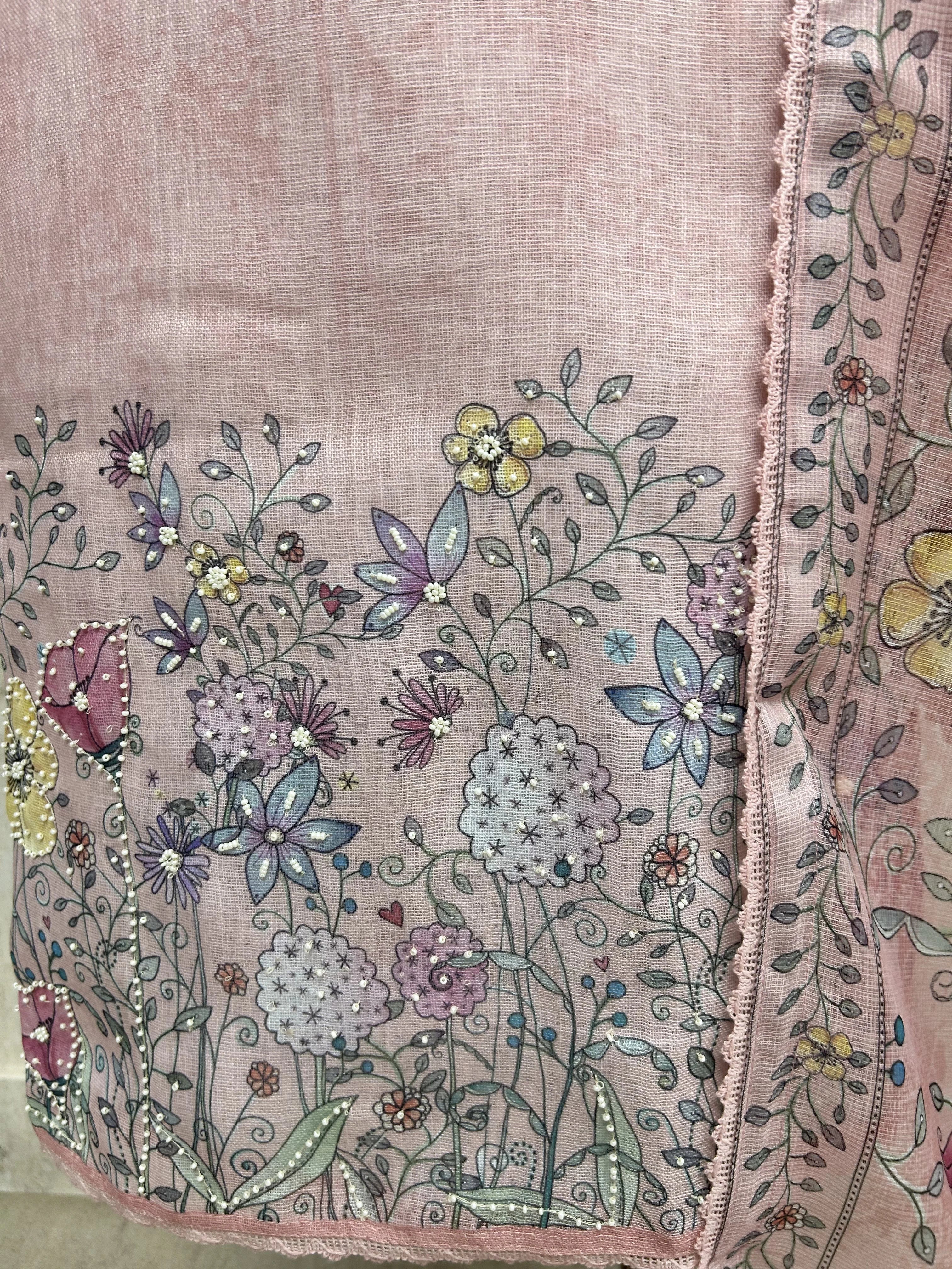 Jamdani Linen Unstitched Suit Set With Hand Work