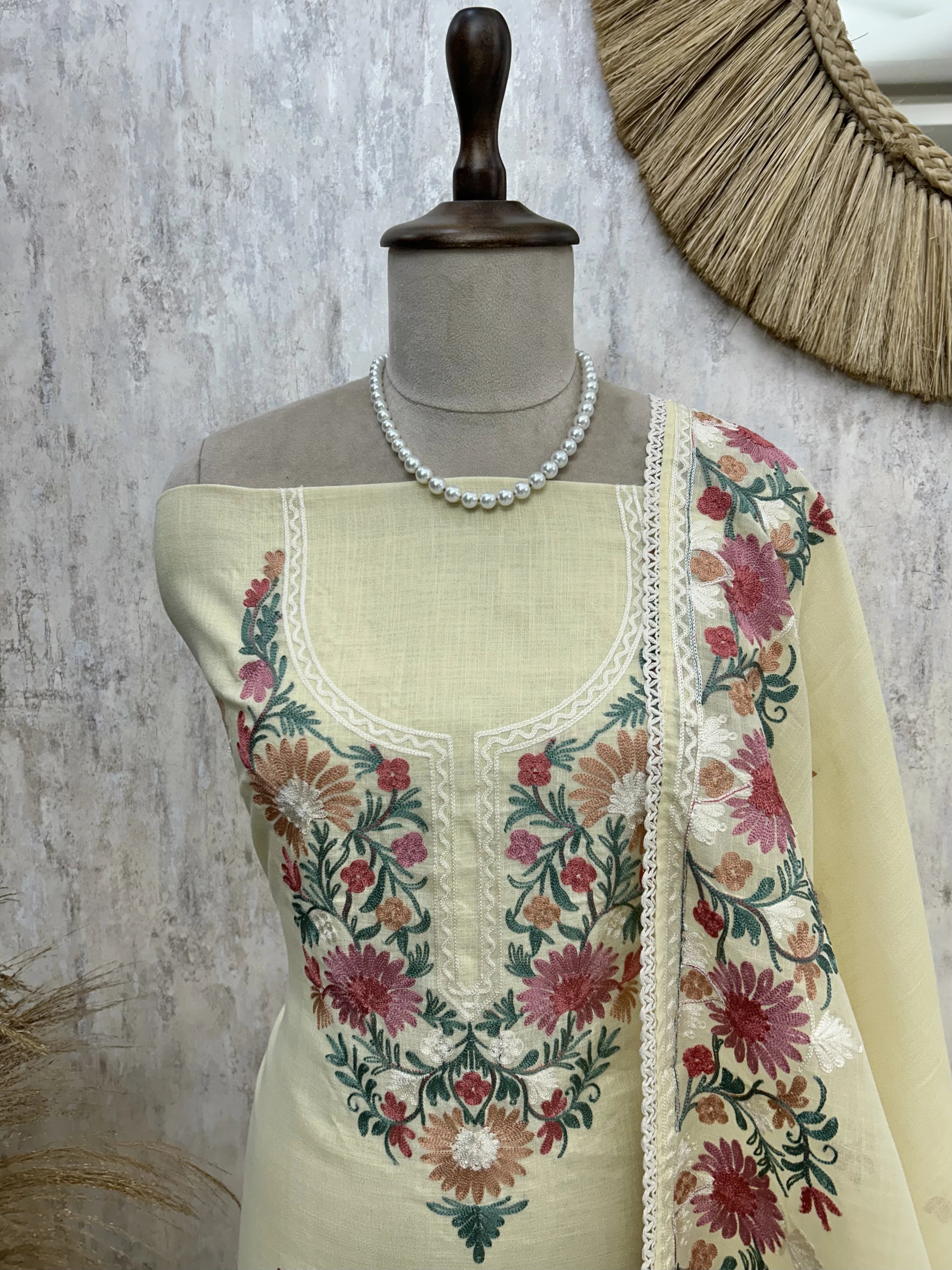 Thread Embroidered Linen Unstitched Suit Set