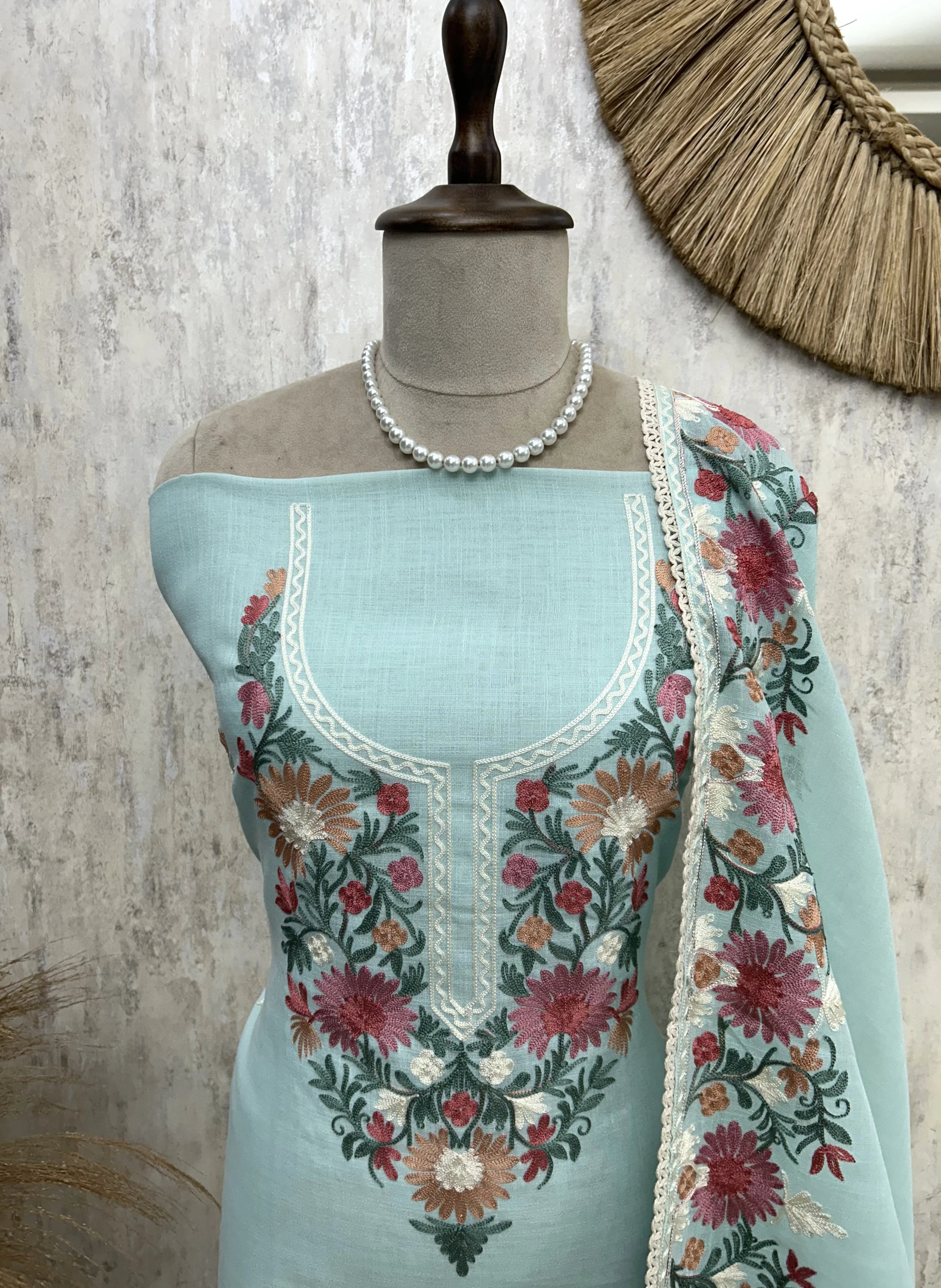 Thread Embroidered Linen Unstitched Suit Set