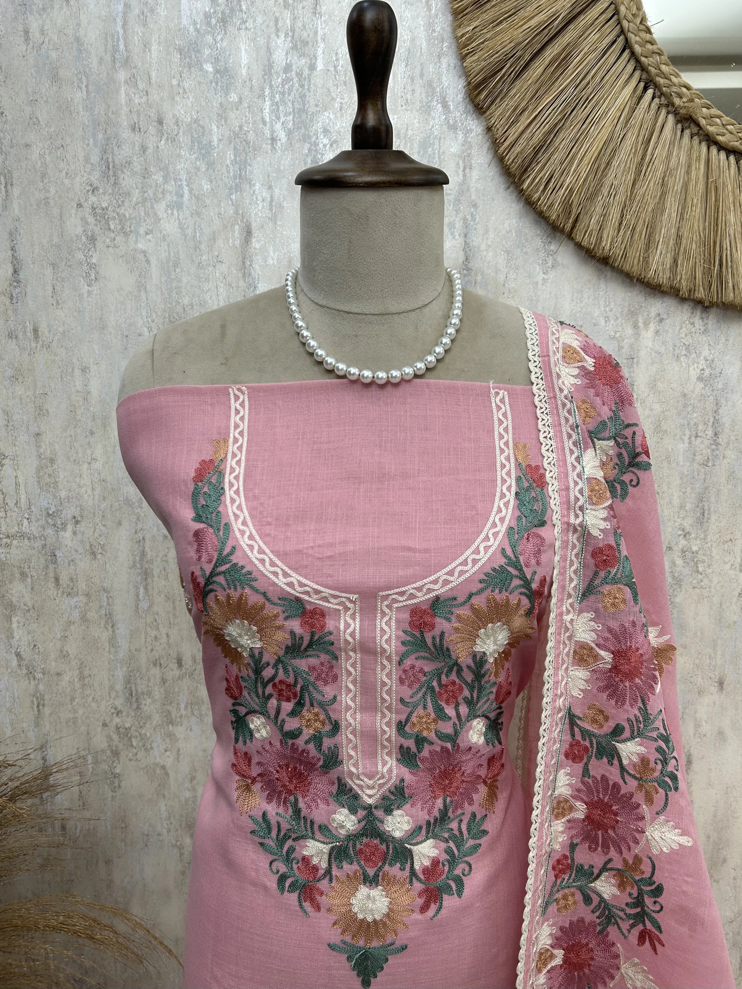 Thread Embroidered Linen Unstitched Suit Set