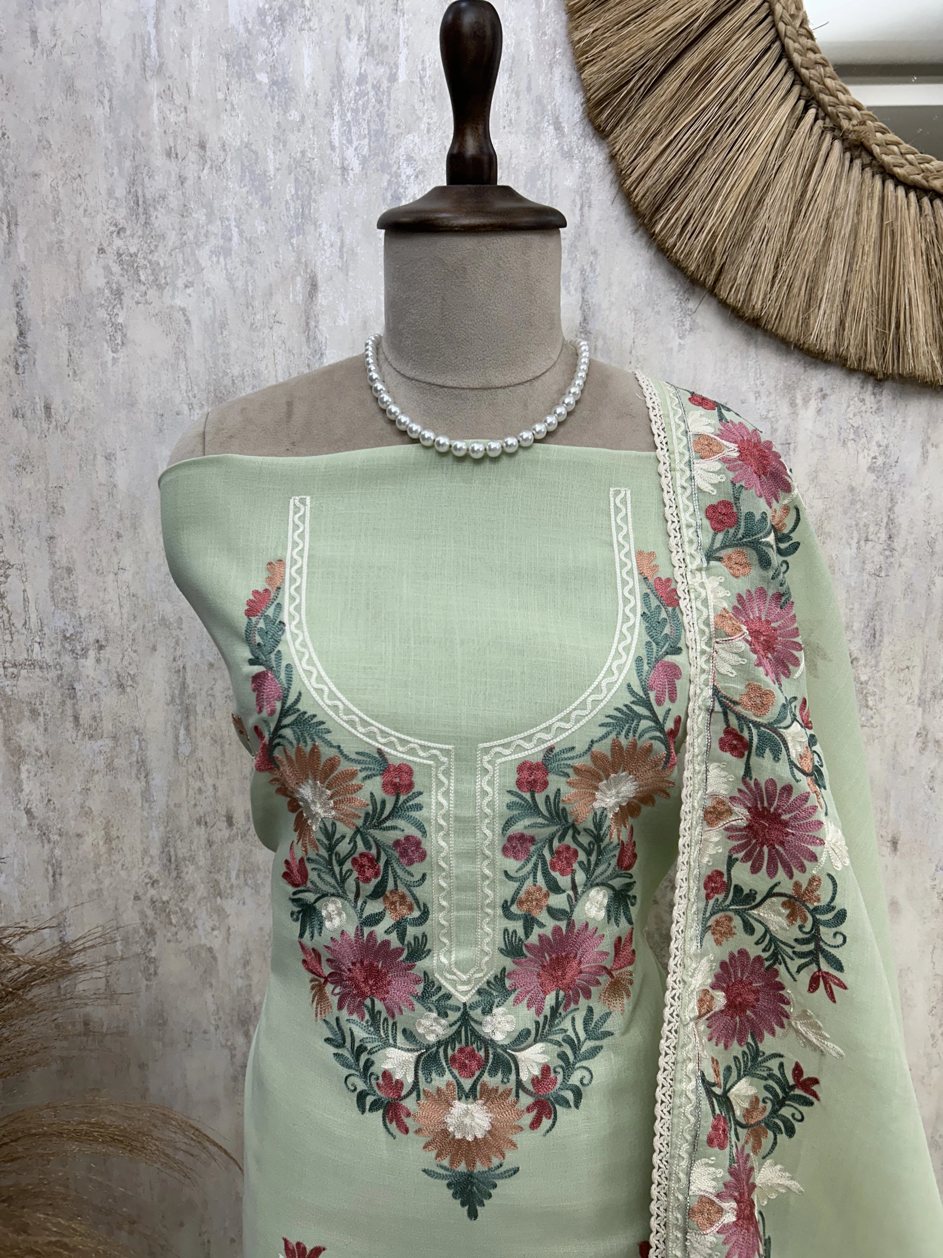 Thread Embroidered Linen Unstitched Suit Set