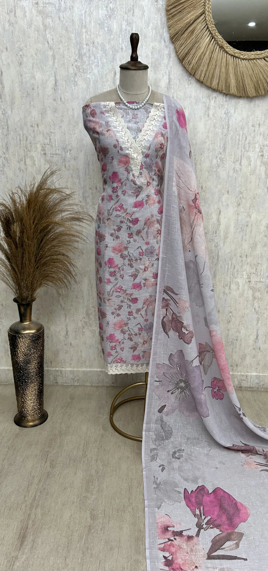 Printed Leaf Motif Jamdani Linen Unstitched Suit Set