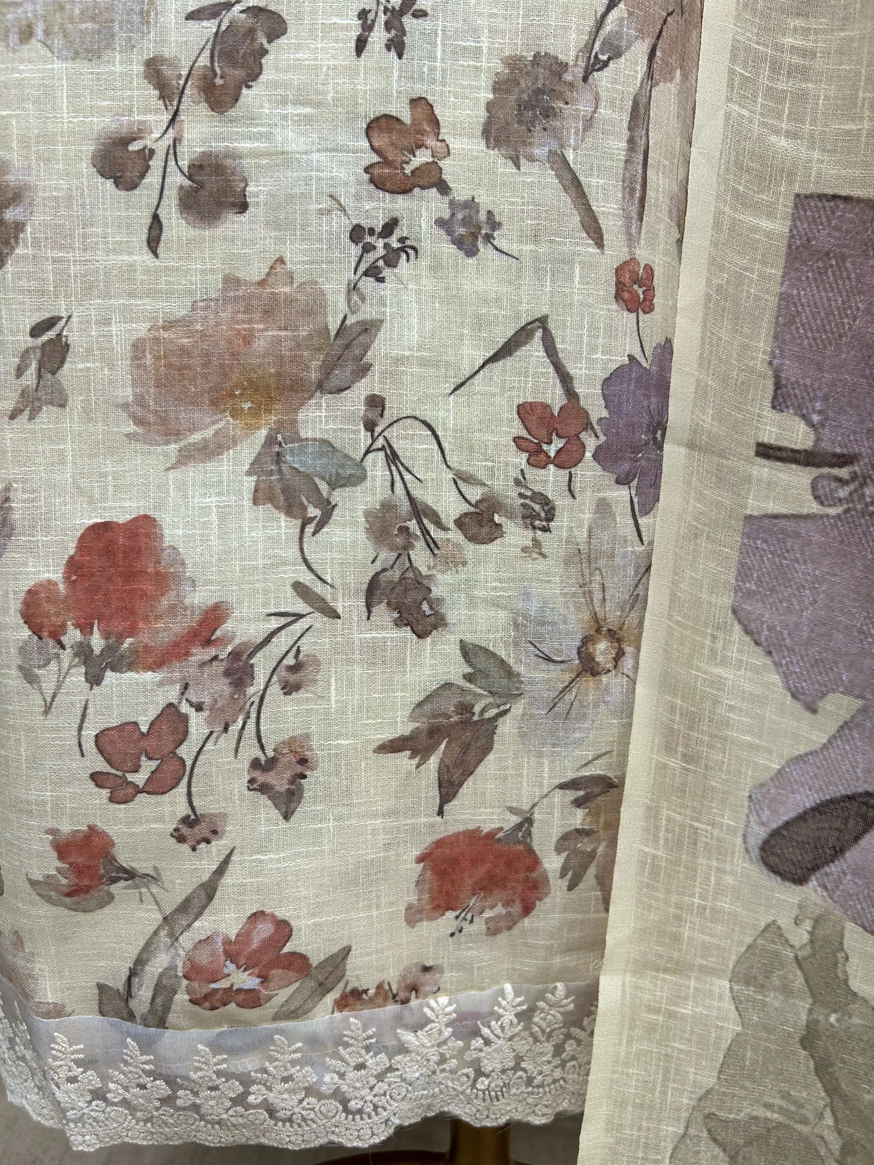 Printed Leaf Motif Jamdani Linen Unstitched Suit Set