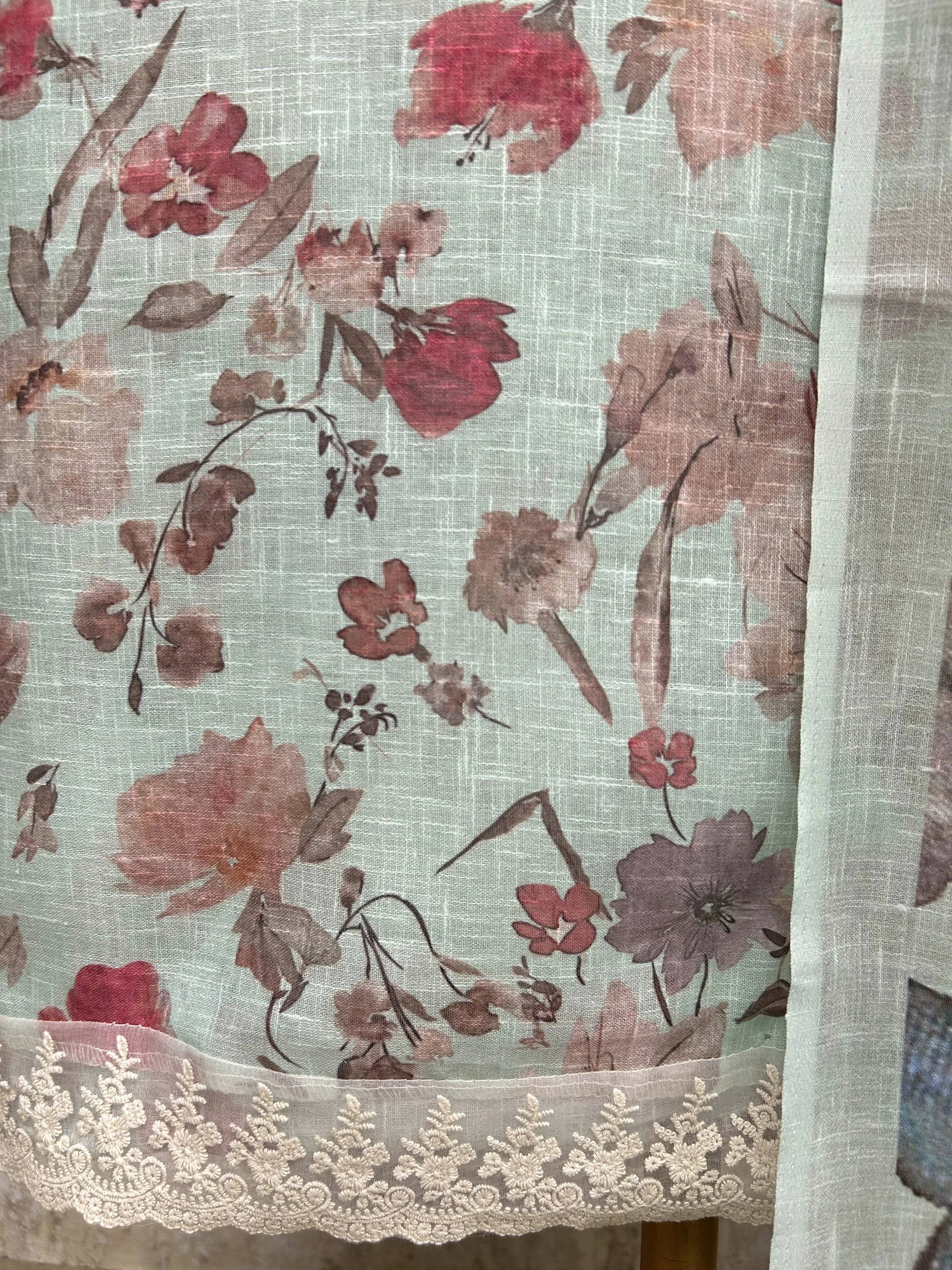 Printed Leaf Motif Jamdani Linen Unstitched Suit Set