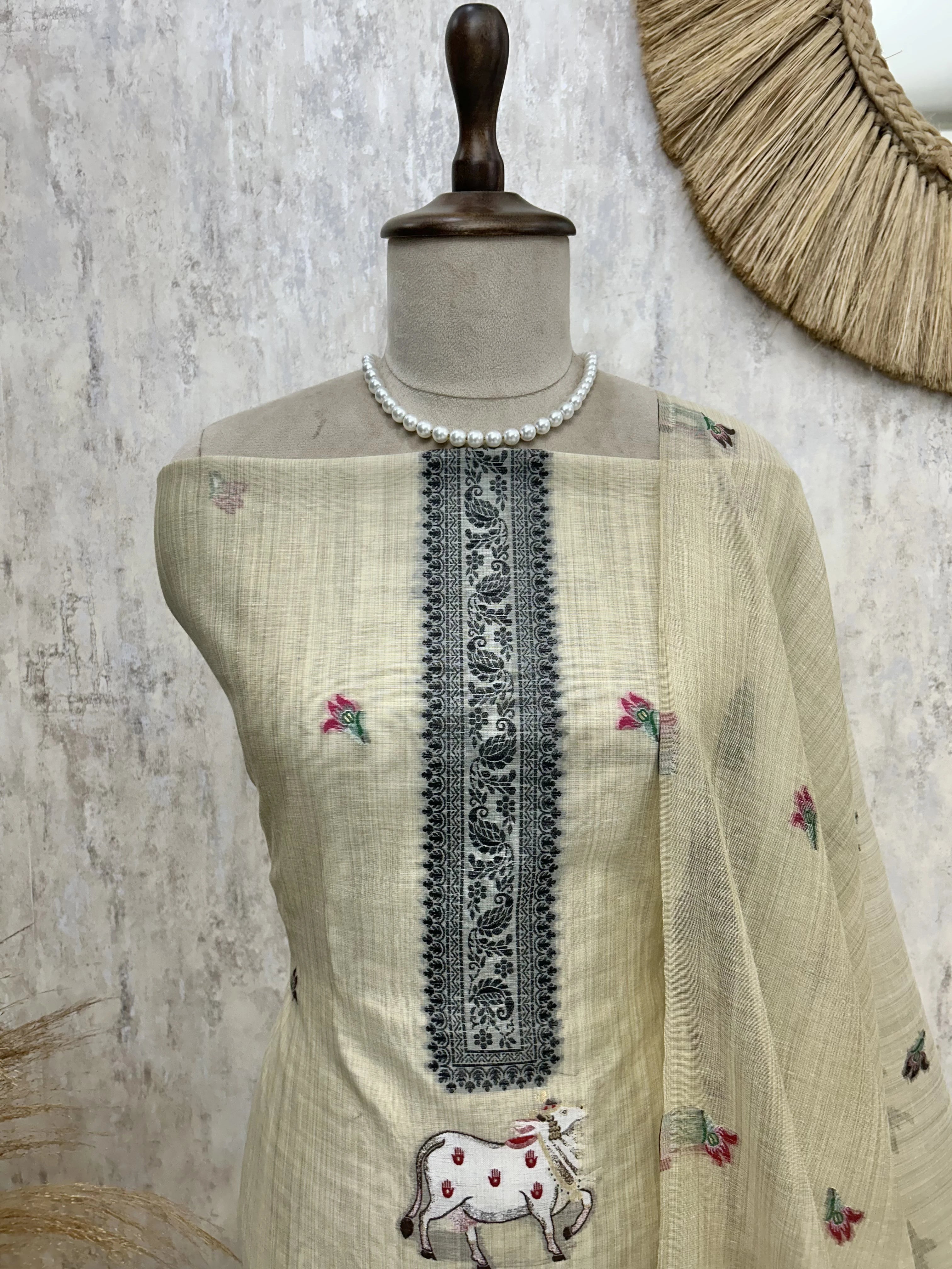 Jamdani Linen Unstitched Suit Set With Cow Motif