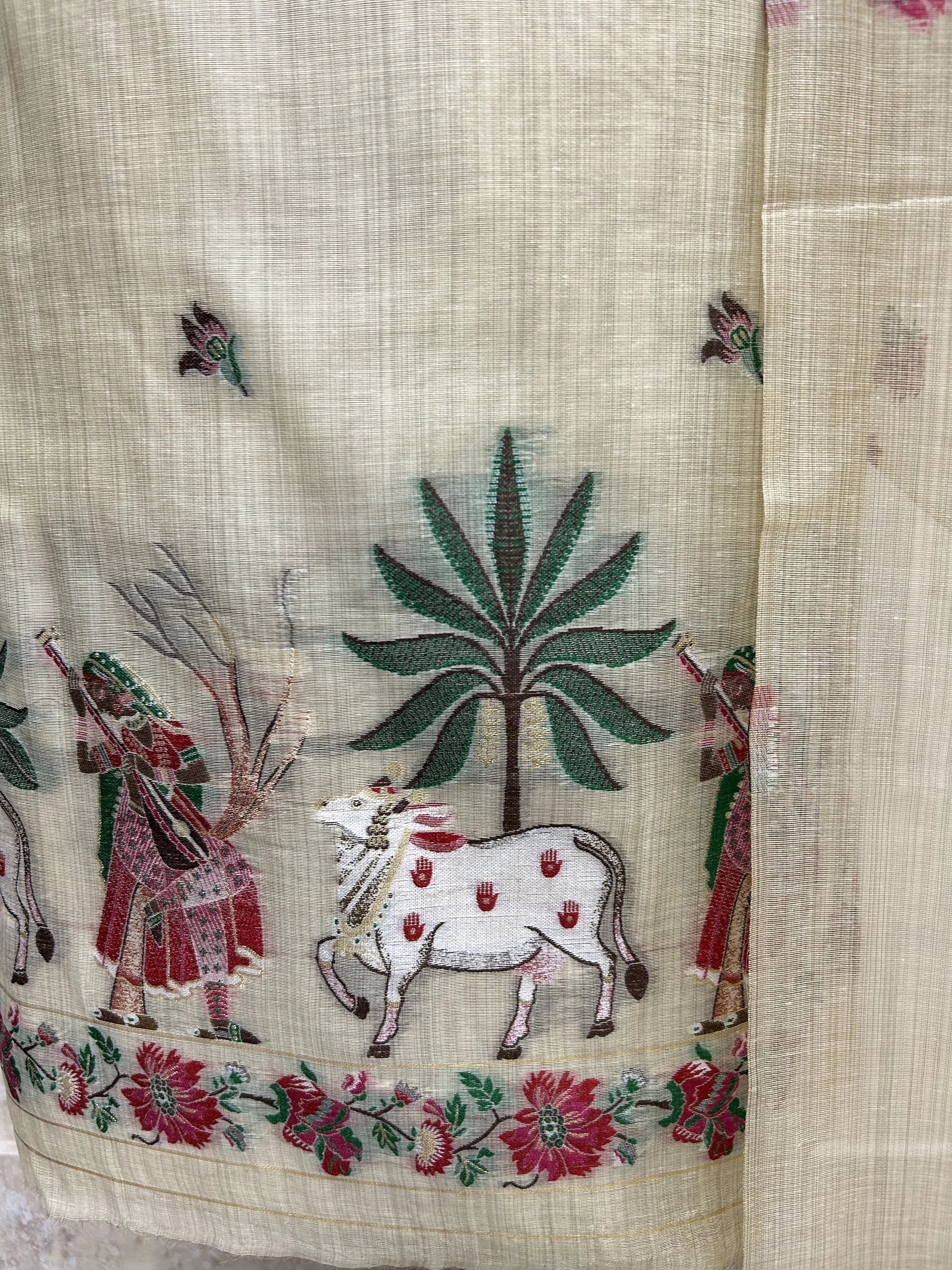 Jamdani Linen Unstitched Suit Set With Cow Motif