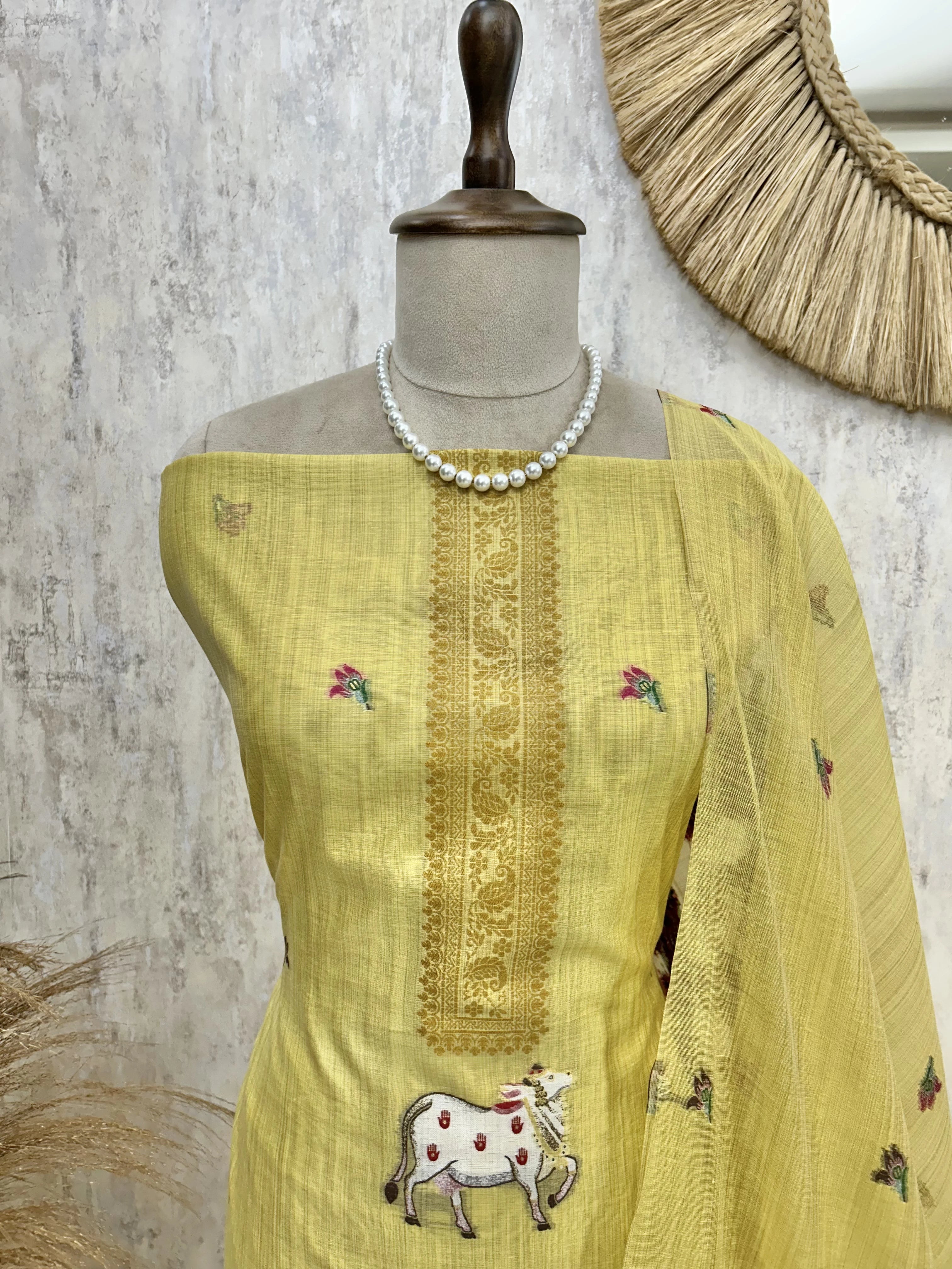 Jamdani Linen Unstitched Suit Set With Cow Motif