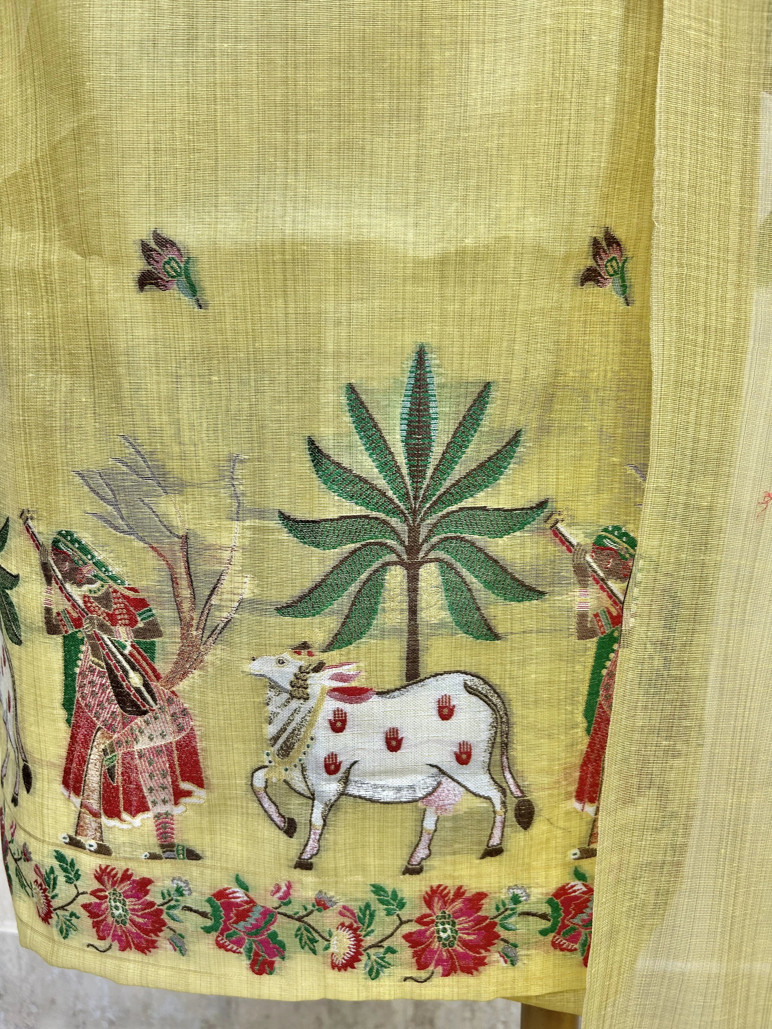 Jamdani Linen Unstitched Suit Set With Cow Motif