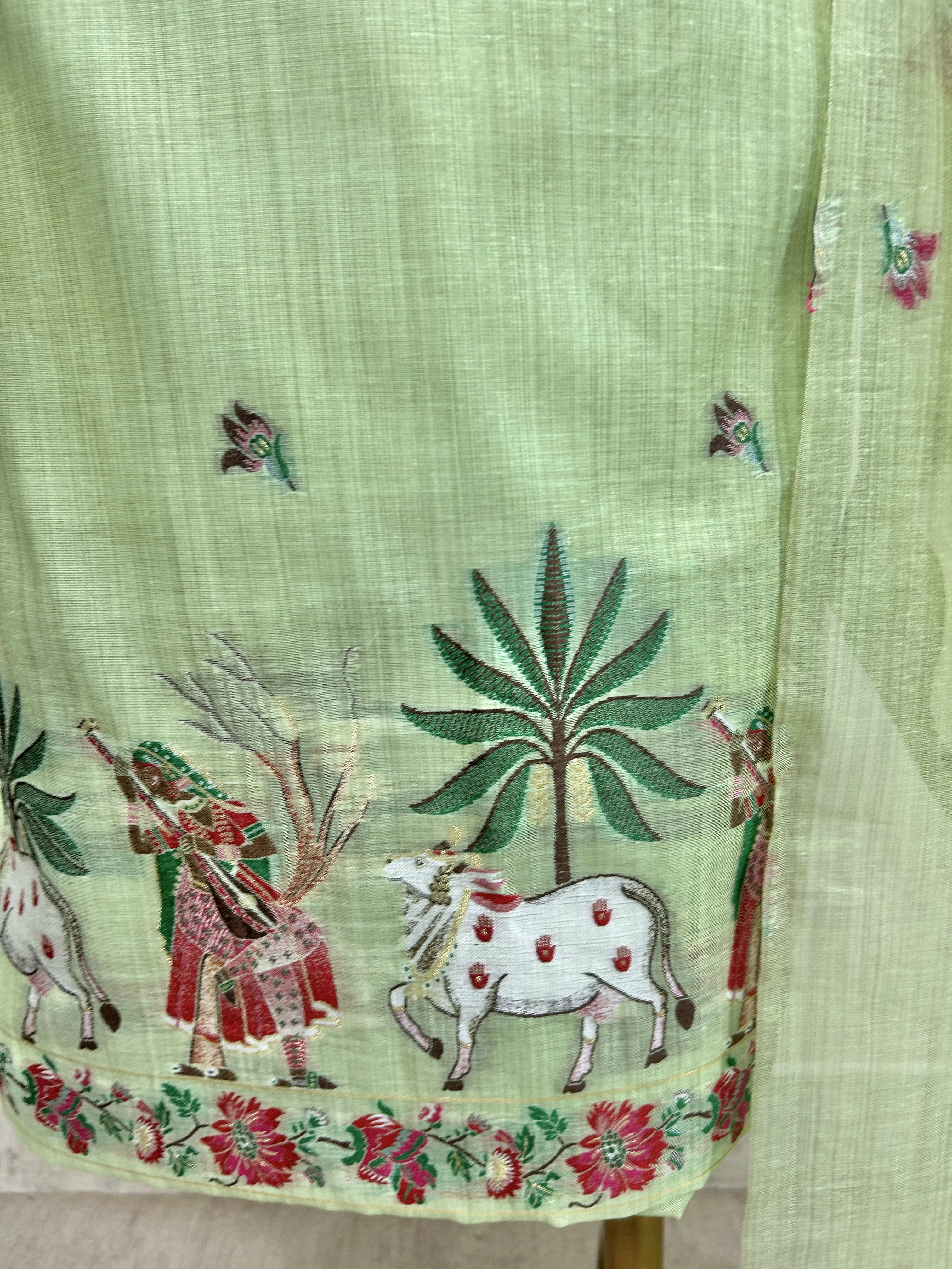 Jamdani Linen Unstitched Suit Set With Cow Motif