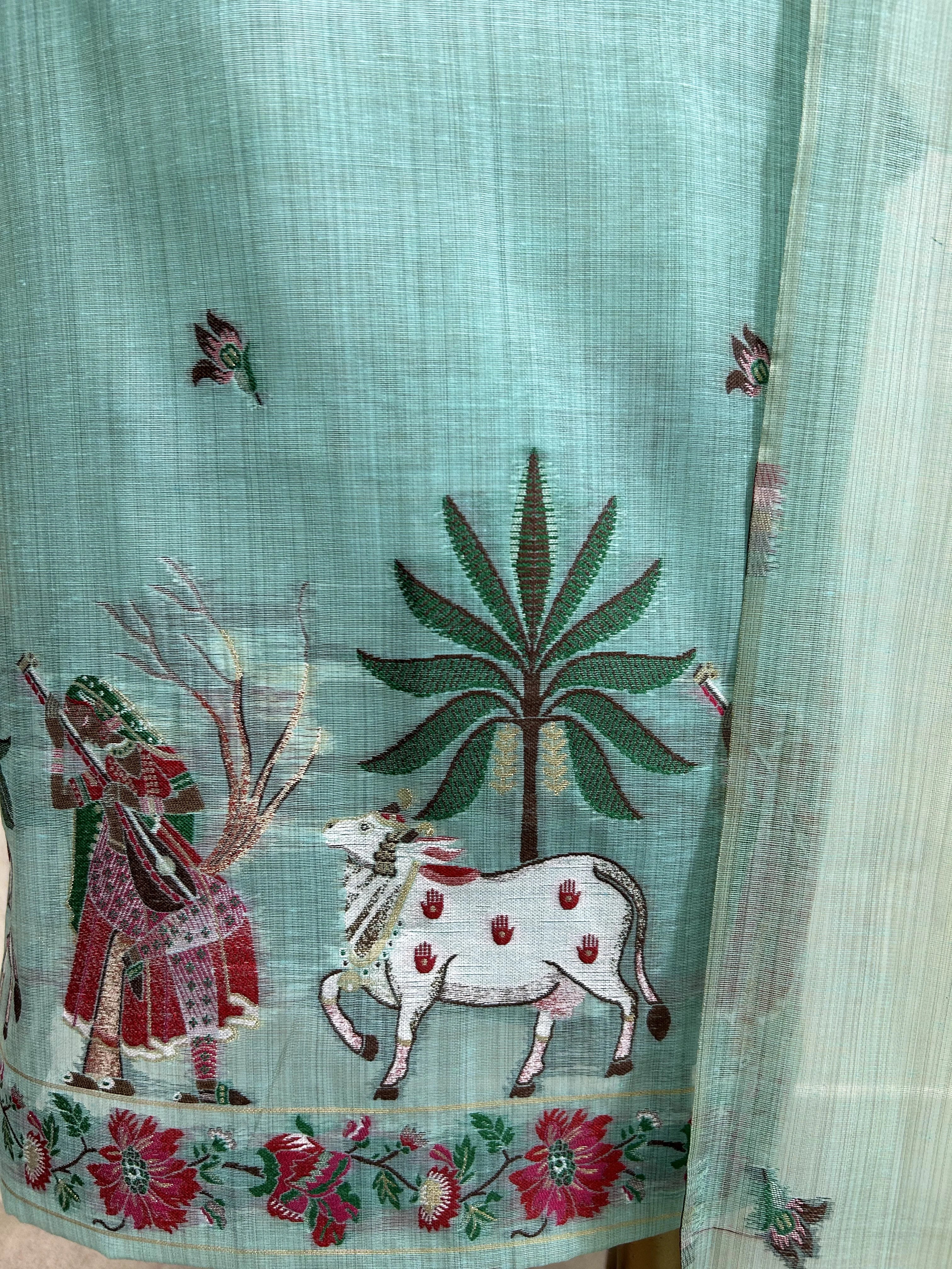 Jamdani Linen Unstitched Suit Set With Cow Motif