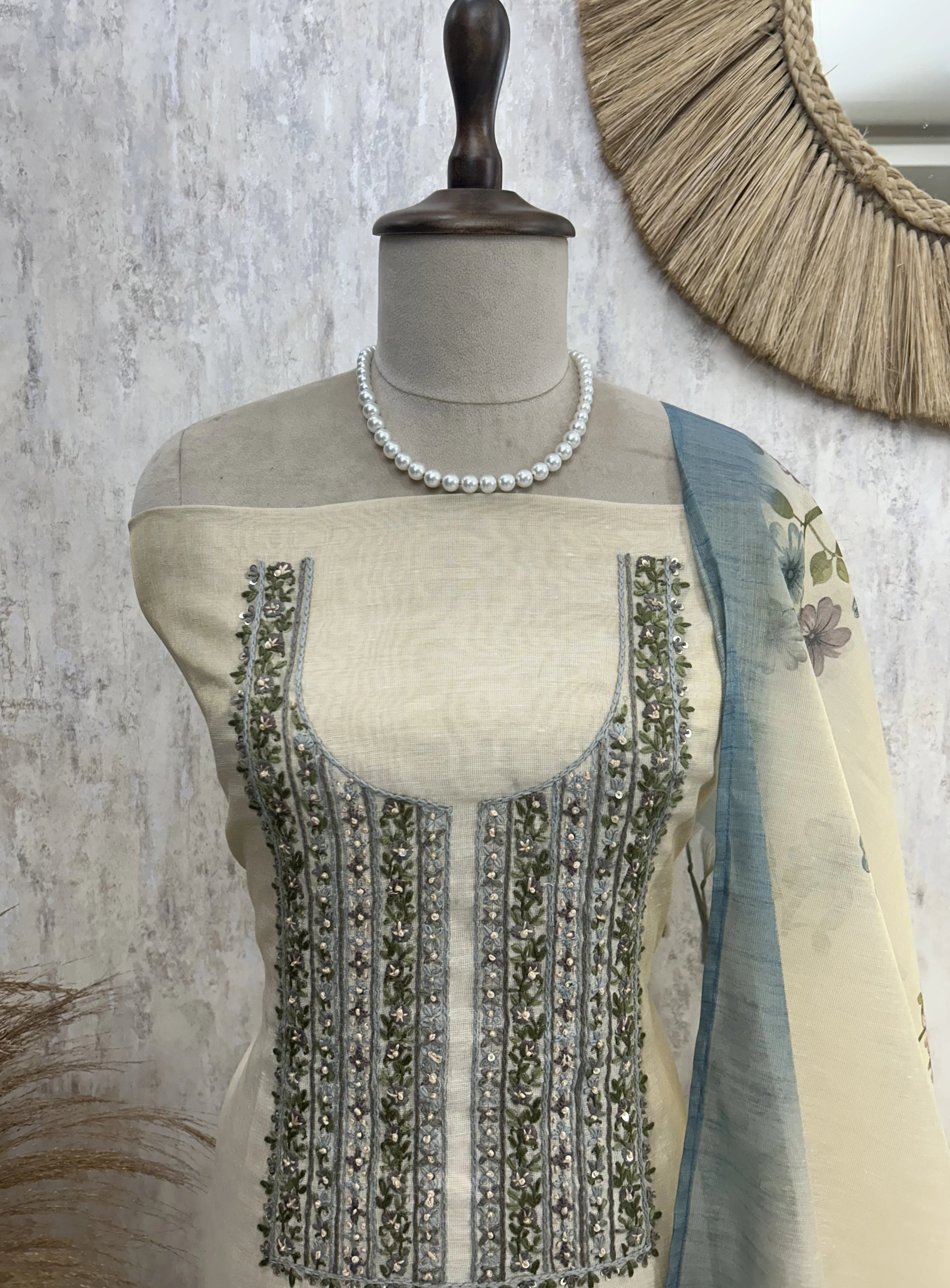 Printed Jamdani Linen Unstitched Suit Set With French Knot Work