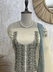 Printed Jamdani Linen Unstitched Suit Set With French Knot Work