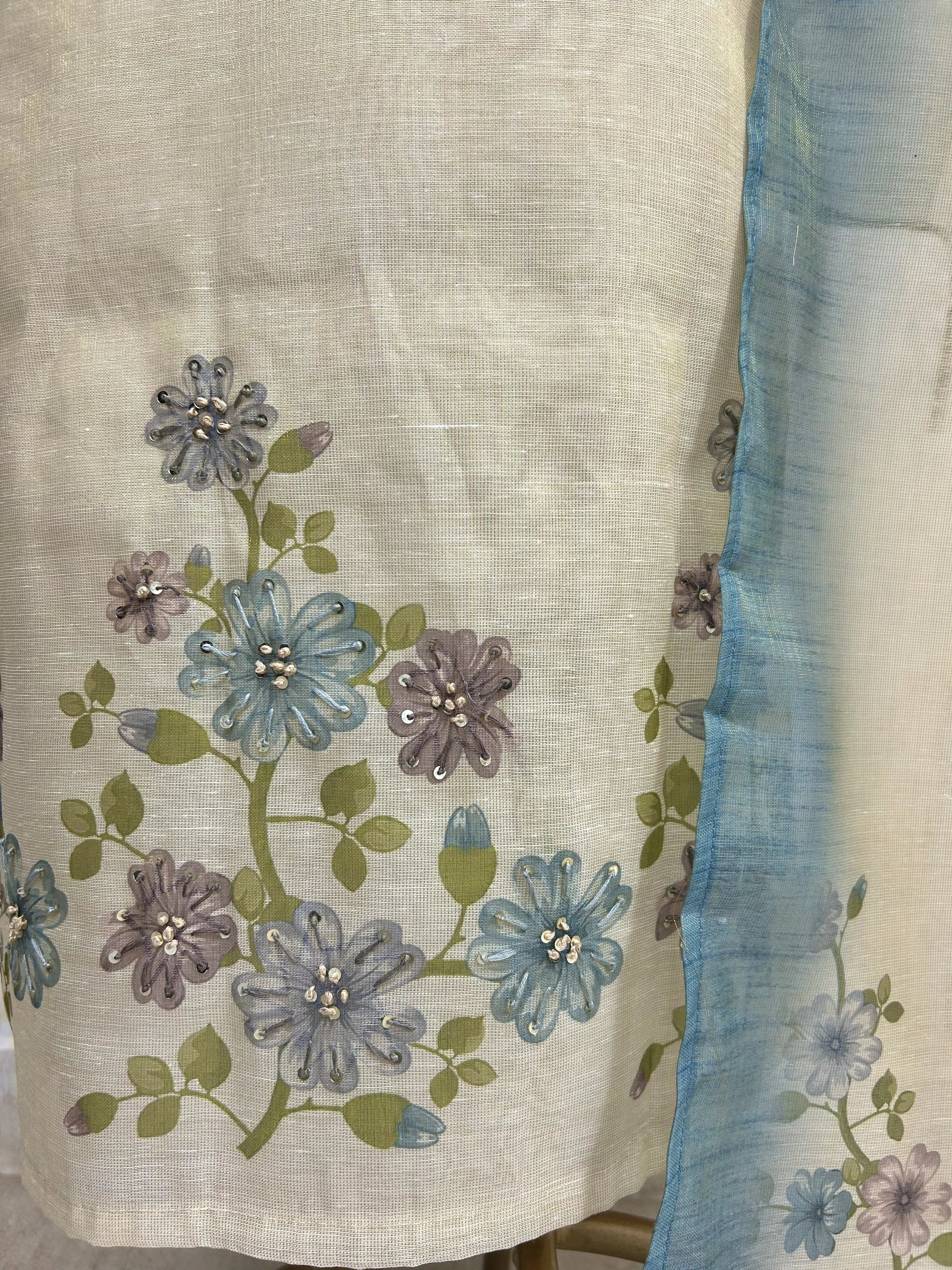 Printed Jamdani Linen Unstitched Suit Set With French Knot Work