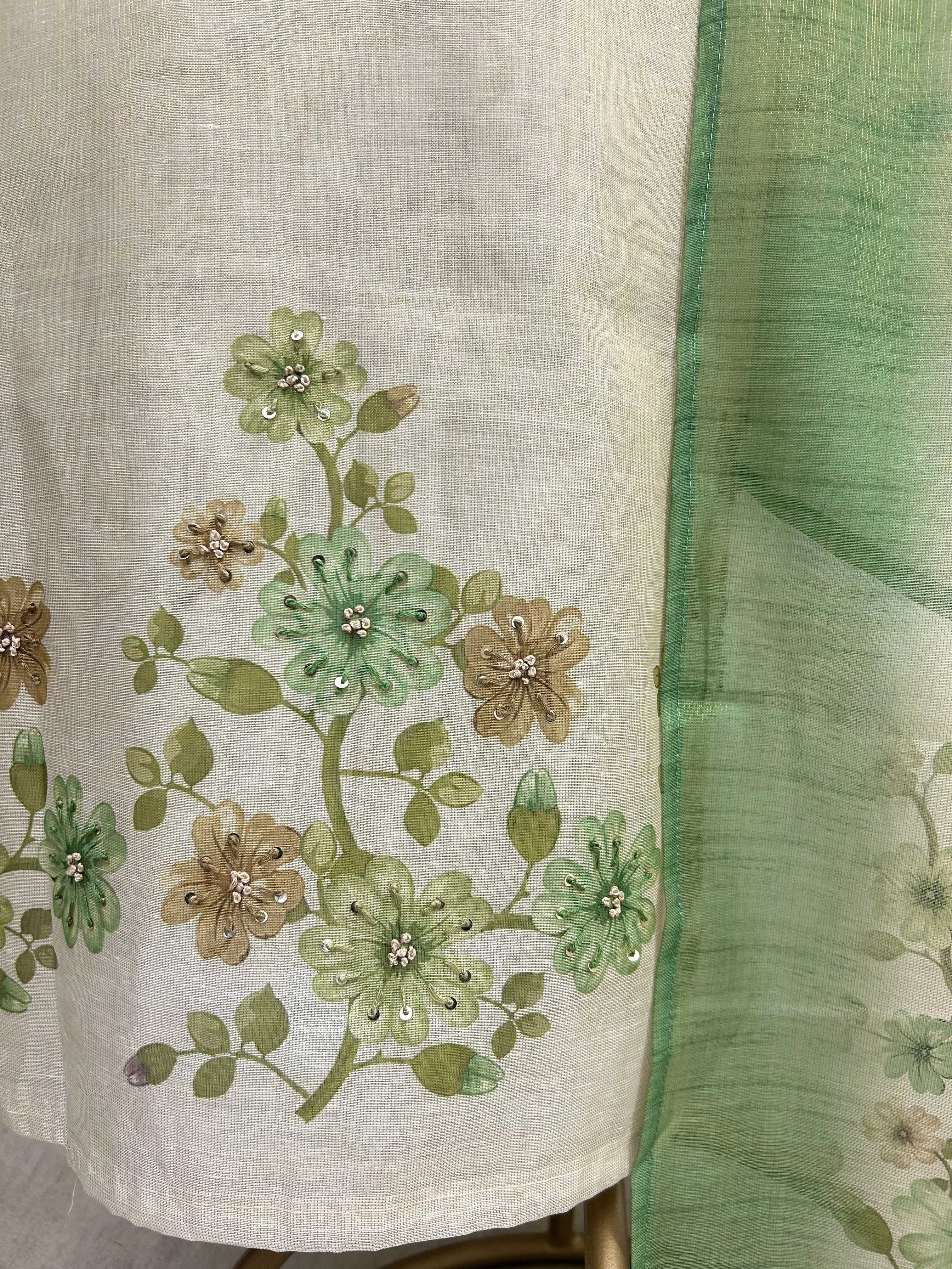 Printed Jamdani Linen Unstitched Suit Set With French Knot Work