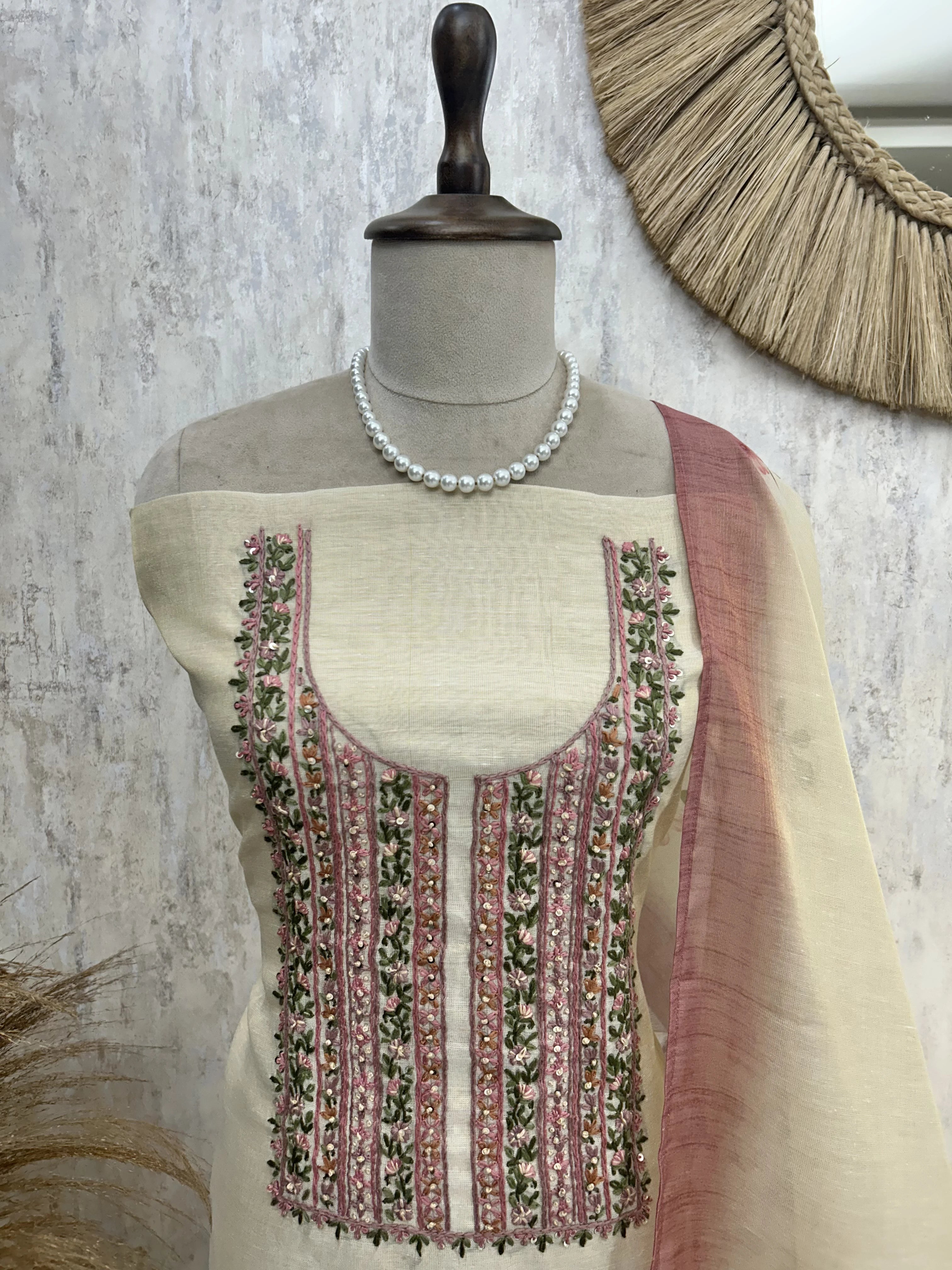 Printed Jamdani Linen Unstitched Suit Set With French Knot Work