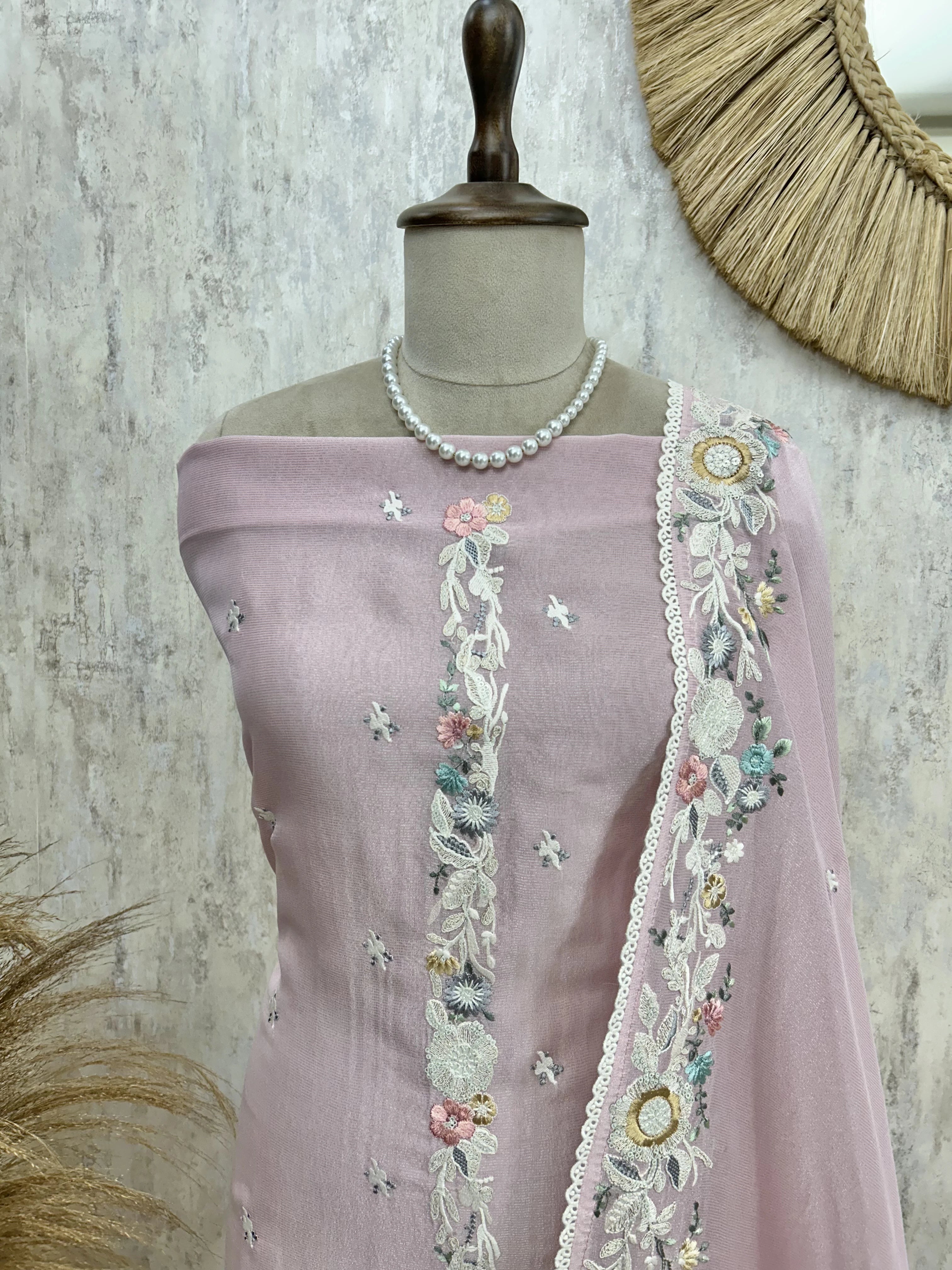 Tissue Linen Unstitched Suit Set With Thread Embroidery