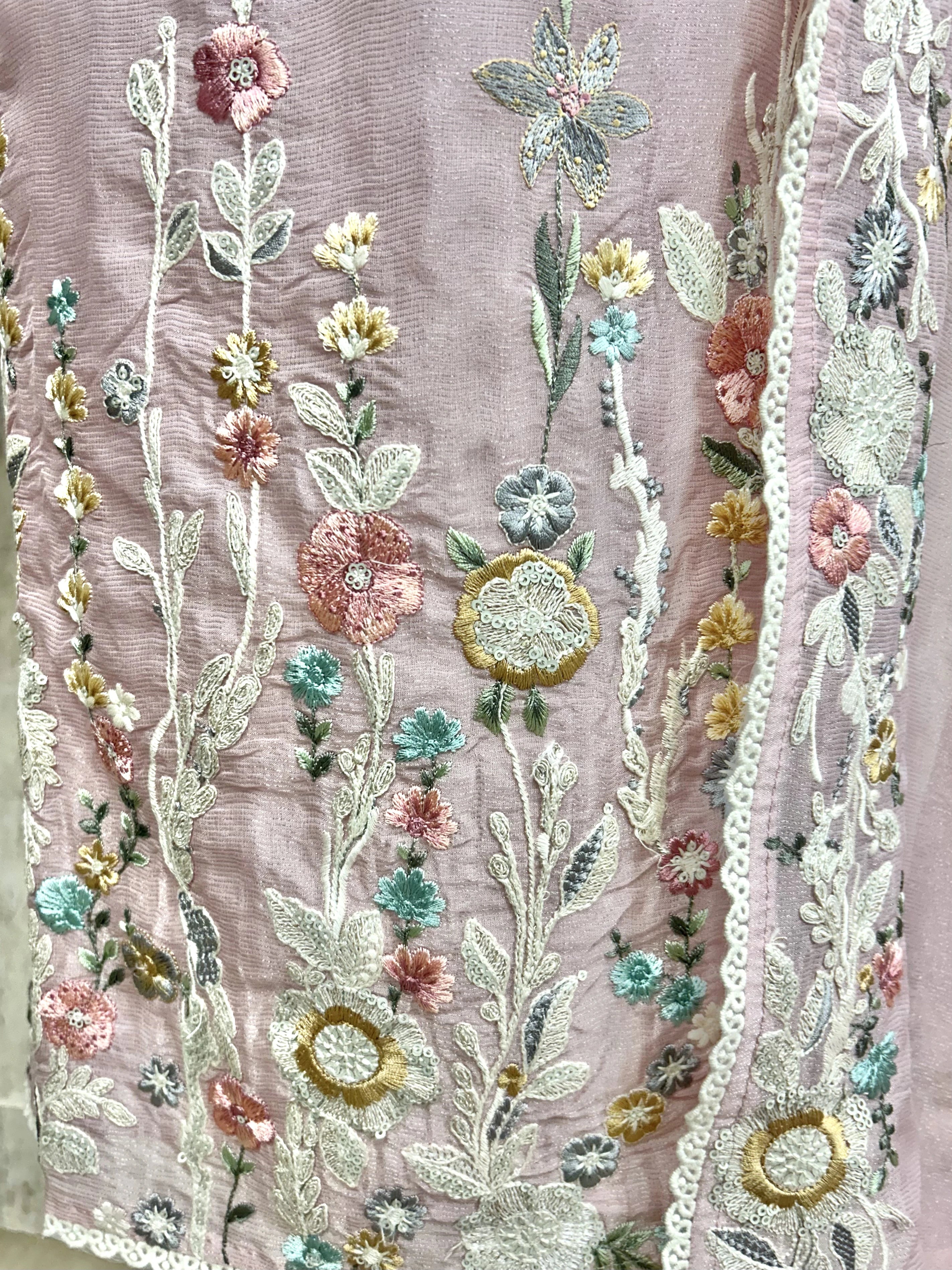 Tissue Linen Unstitched Suit Set With Thread Work