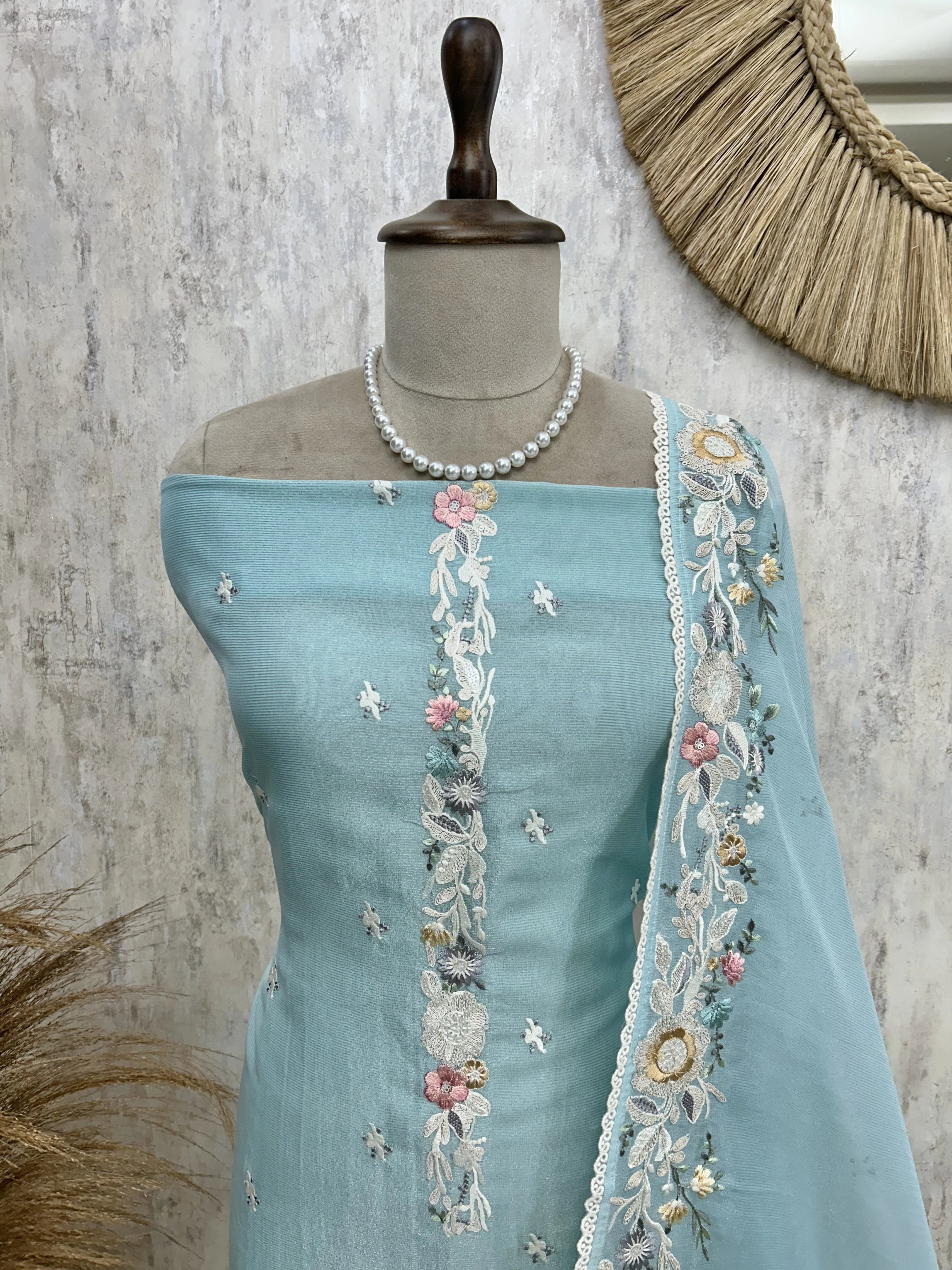 Tissue Linen Unstitched Suit Set With Thread Work