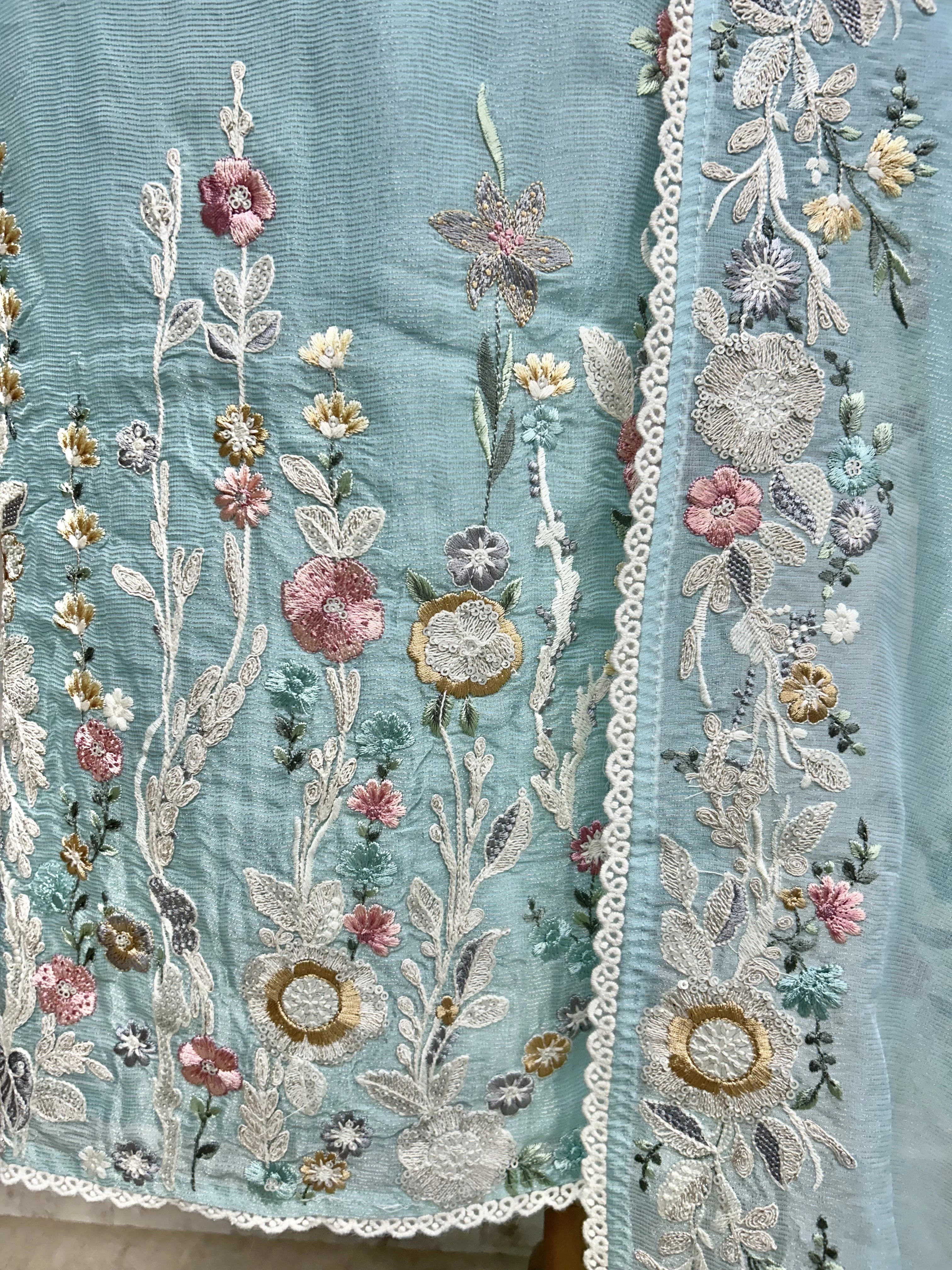 Tissue Linen Unstitched Suit Set With Thread Work