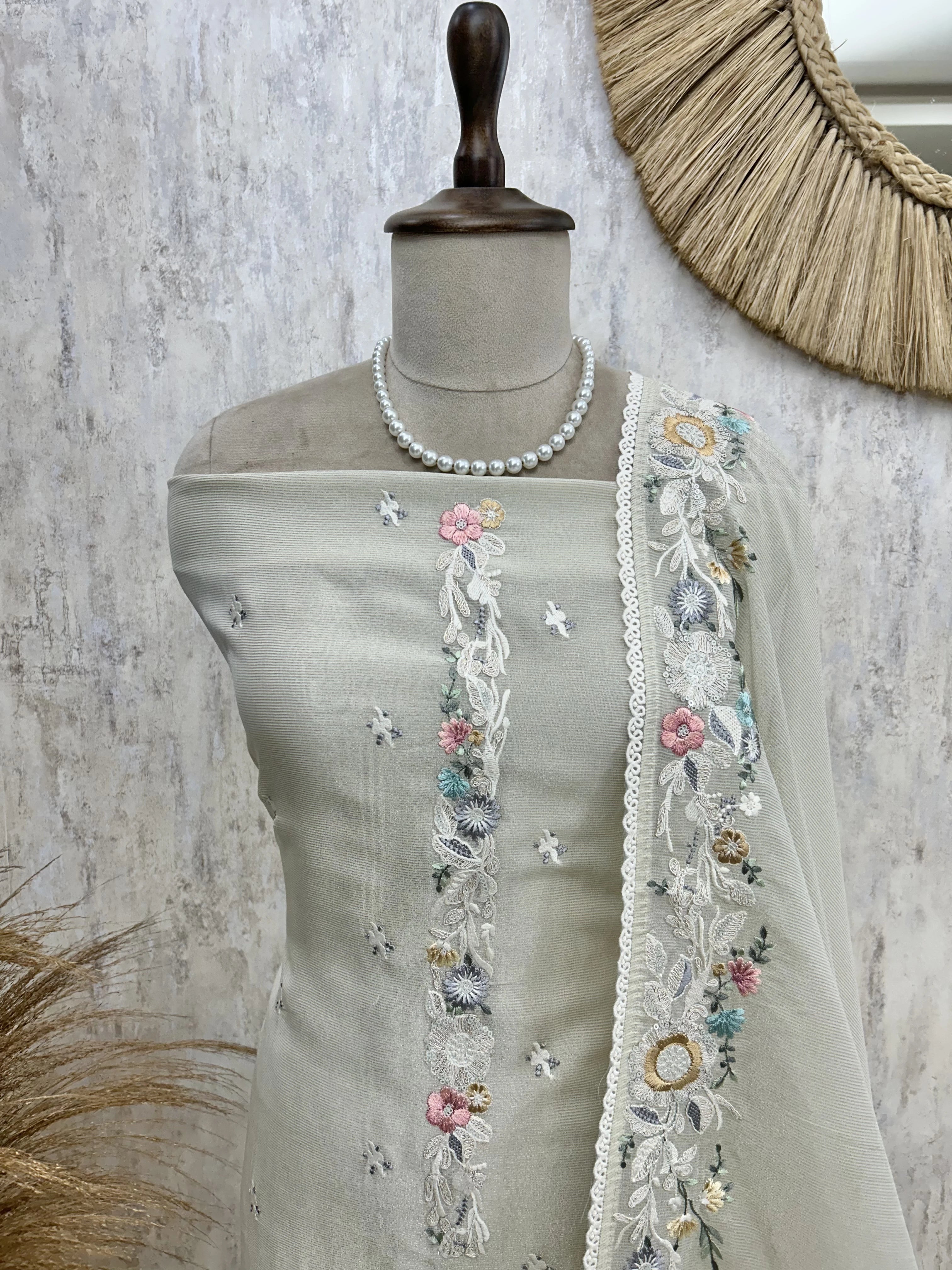 Tissue Linen Unstitched Suit Set With Thread Work