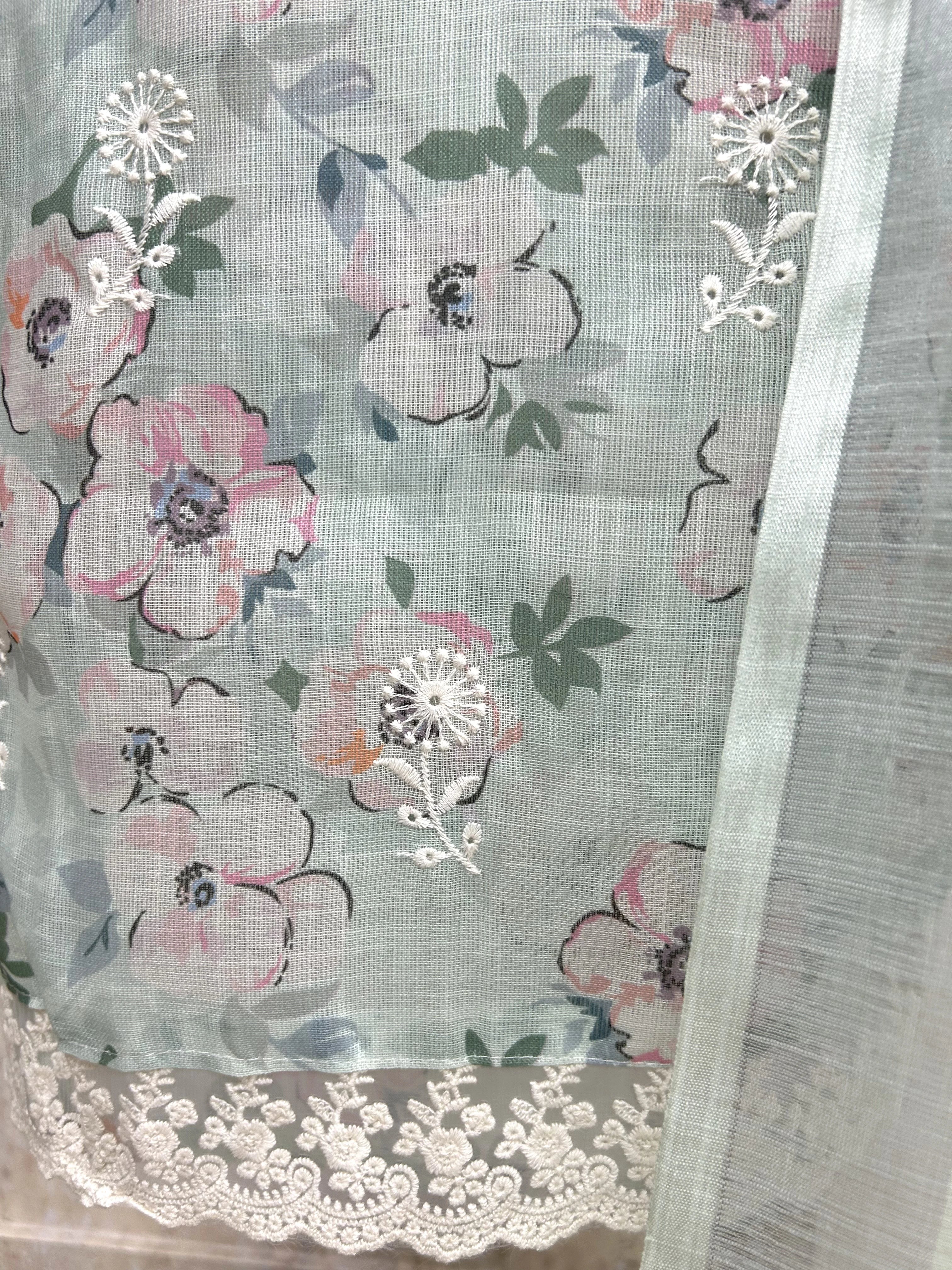 Printed Jamdani Linen Unstitched Suit Set