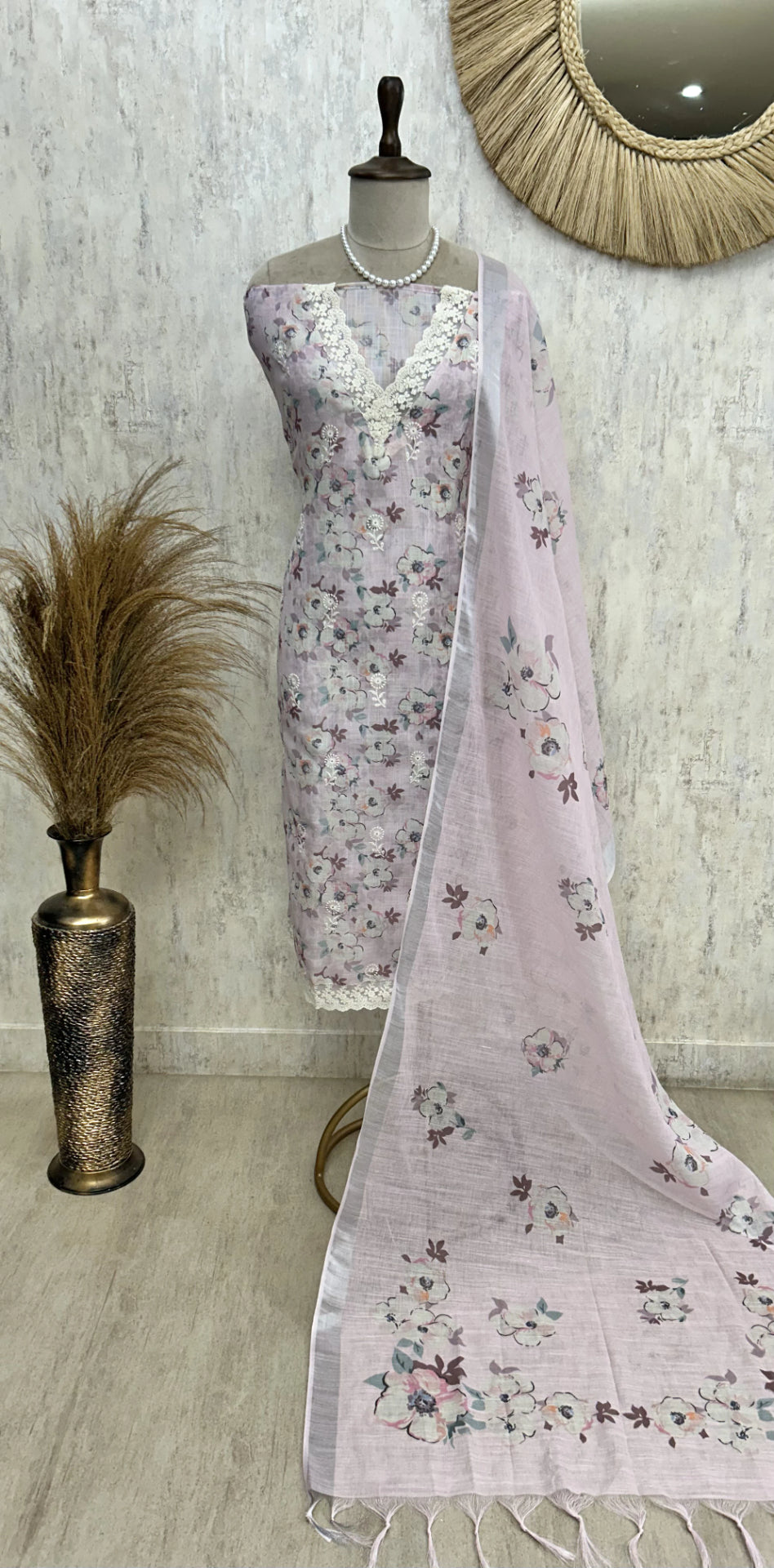 Printed Jamdani Linen Unstitched Suit Set