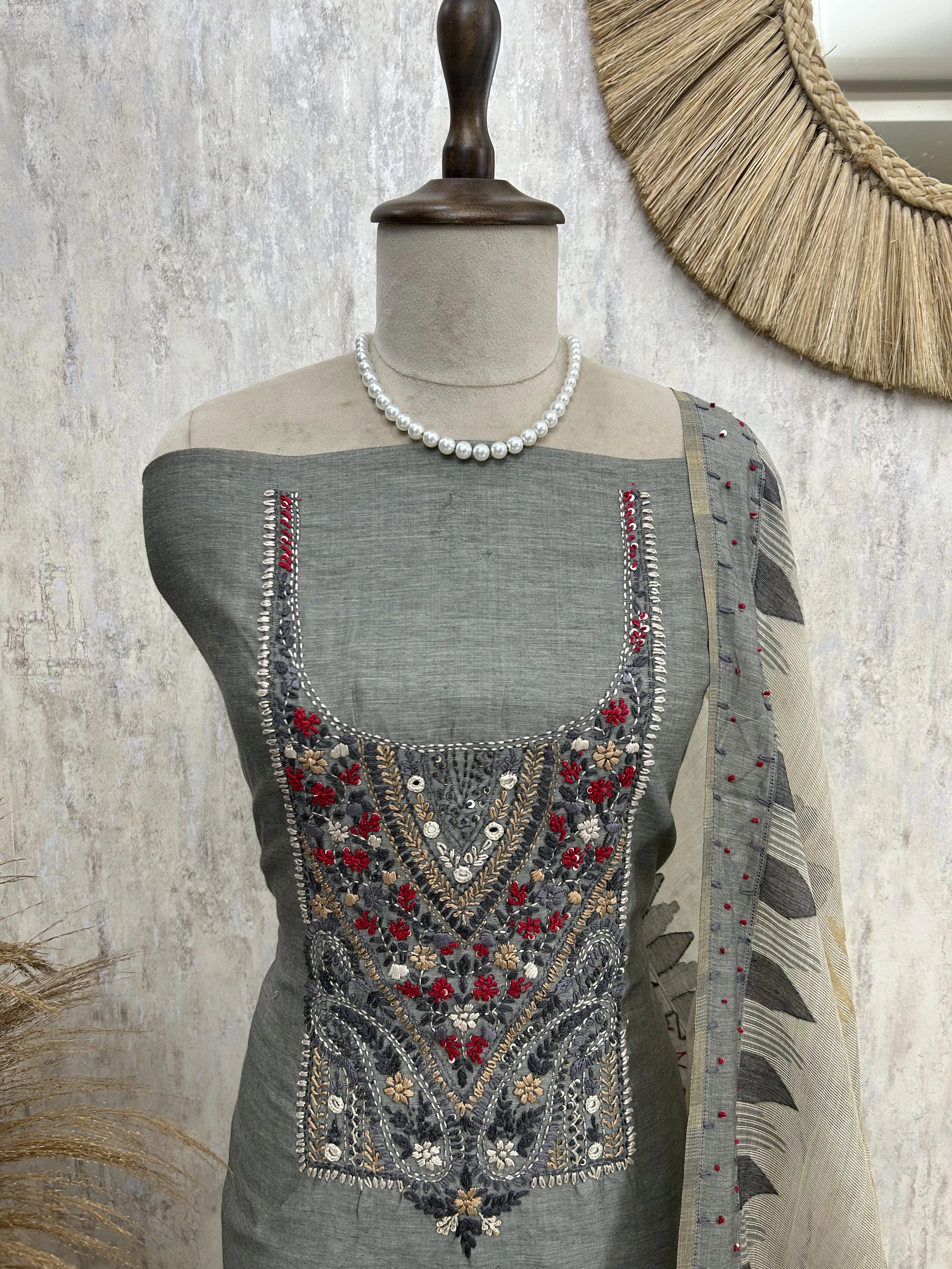 Jamdani Linen Unstitched Suit Set French Knot Work On Neckline